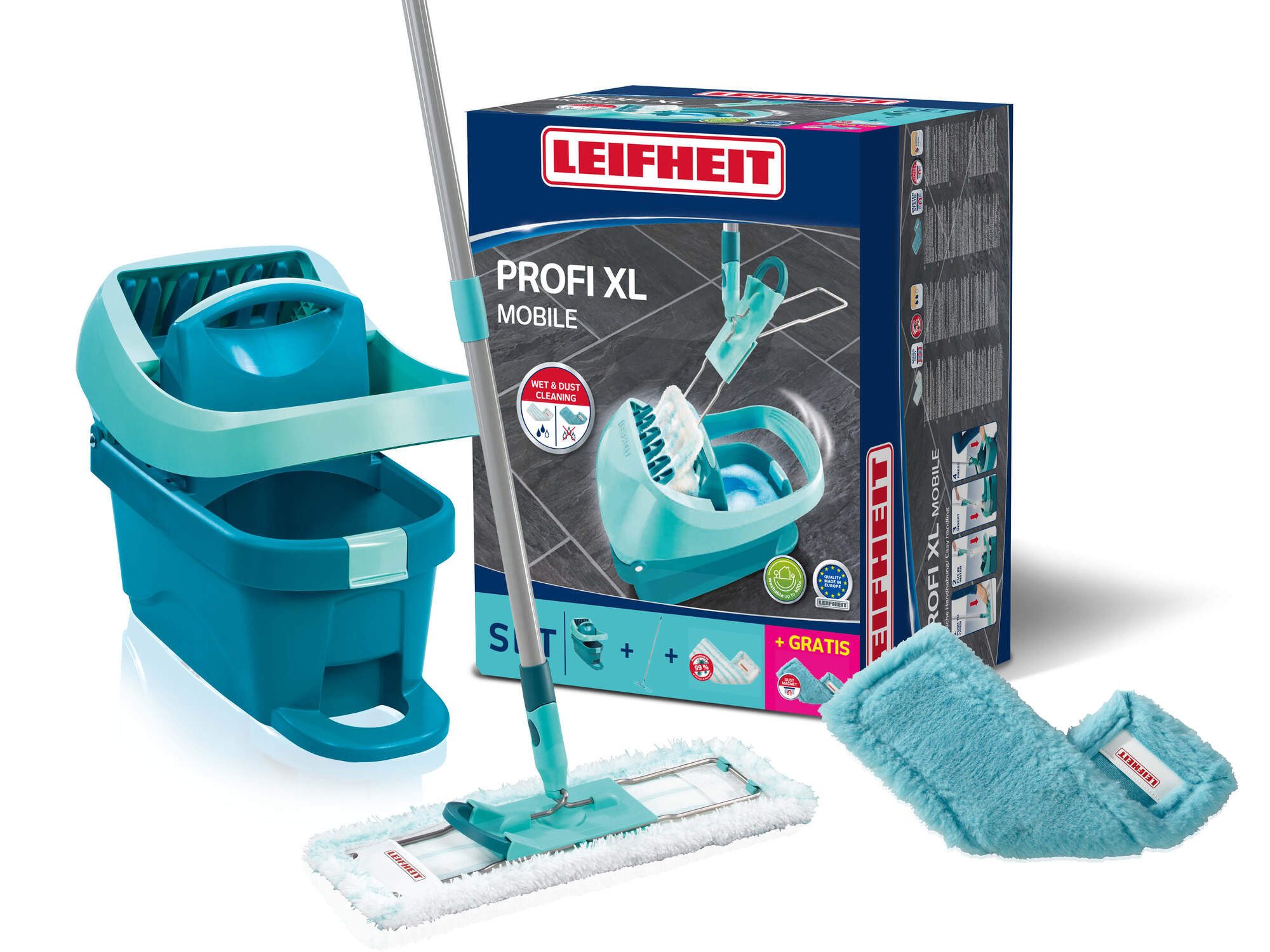Leifheit Bodenwischer-Set Set Wischtuchpresse Profi XL mit Rollen, Bodenwischer mit micro duo Be, (5-St), Waschbare Bezüge, Wischbreite 42cm, Arbeitshöhe 146cm