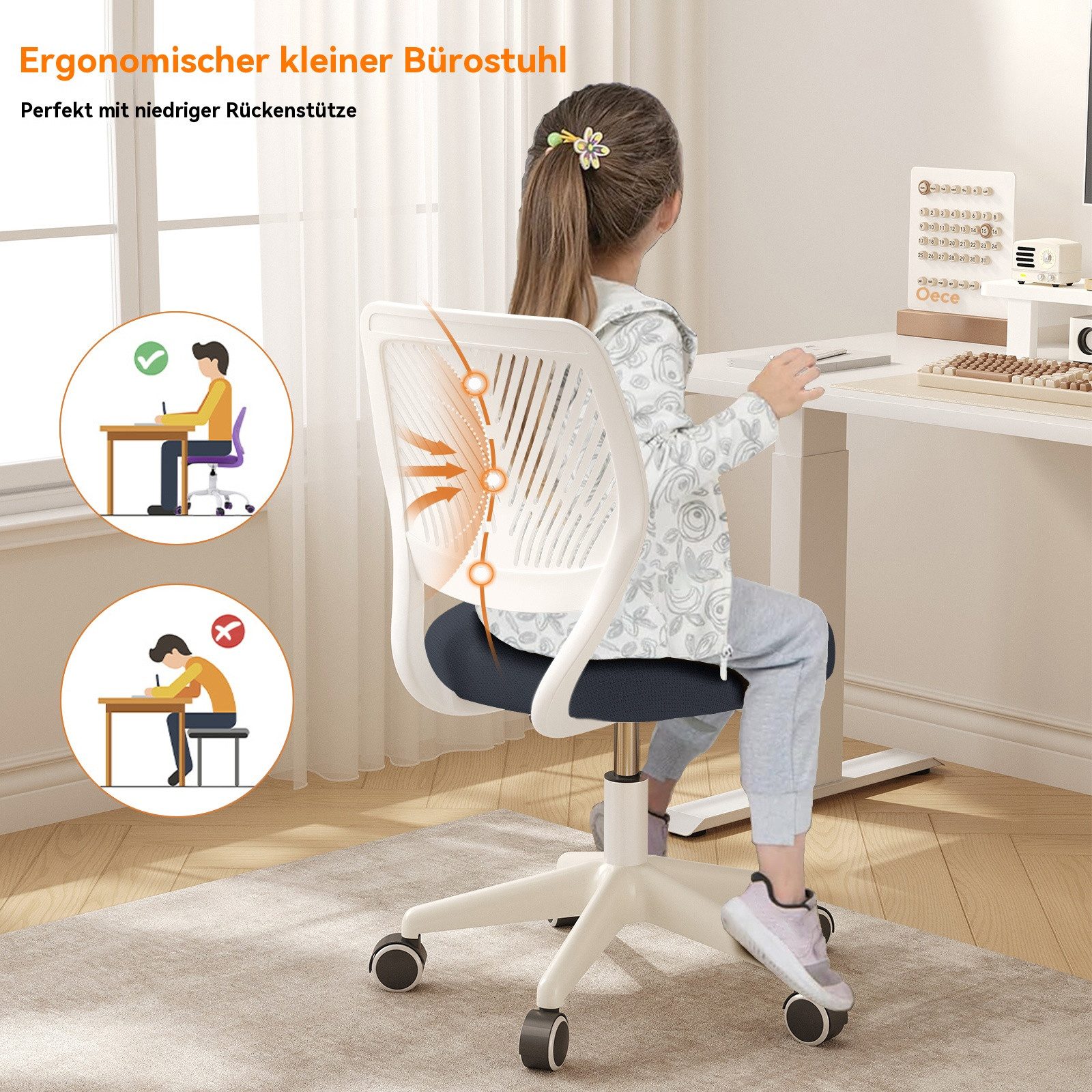 HDHNBA Drehstuhl höhenverstellbarer Rollhocker mit Rückenlehne, armlehnloser Bürostuhl (1 St), Ergonomischer kleiner Schreibtischstuhl für Home-Office – Bild 4 von 5