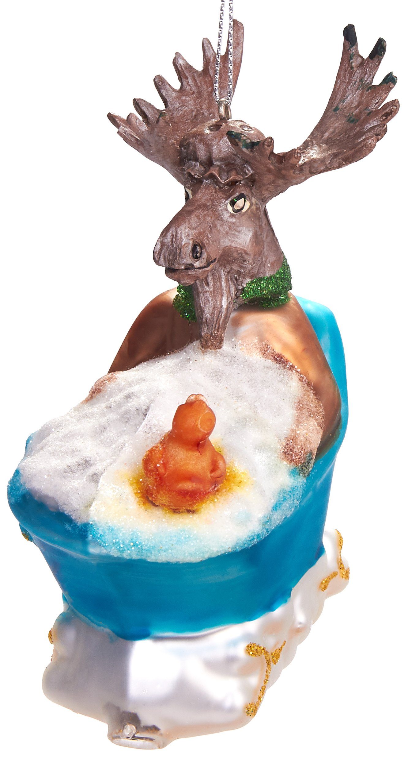 BRUBAKER Christbaumschmuck Handbemalte Weihnachtskugel Elch in Badewanne, Weihnachtsanhänger aus Glas, lustige Baumkugel - 10 cm