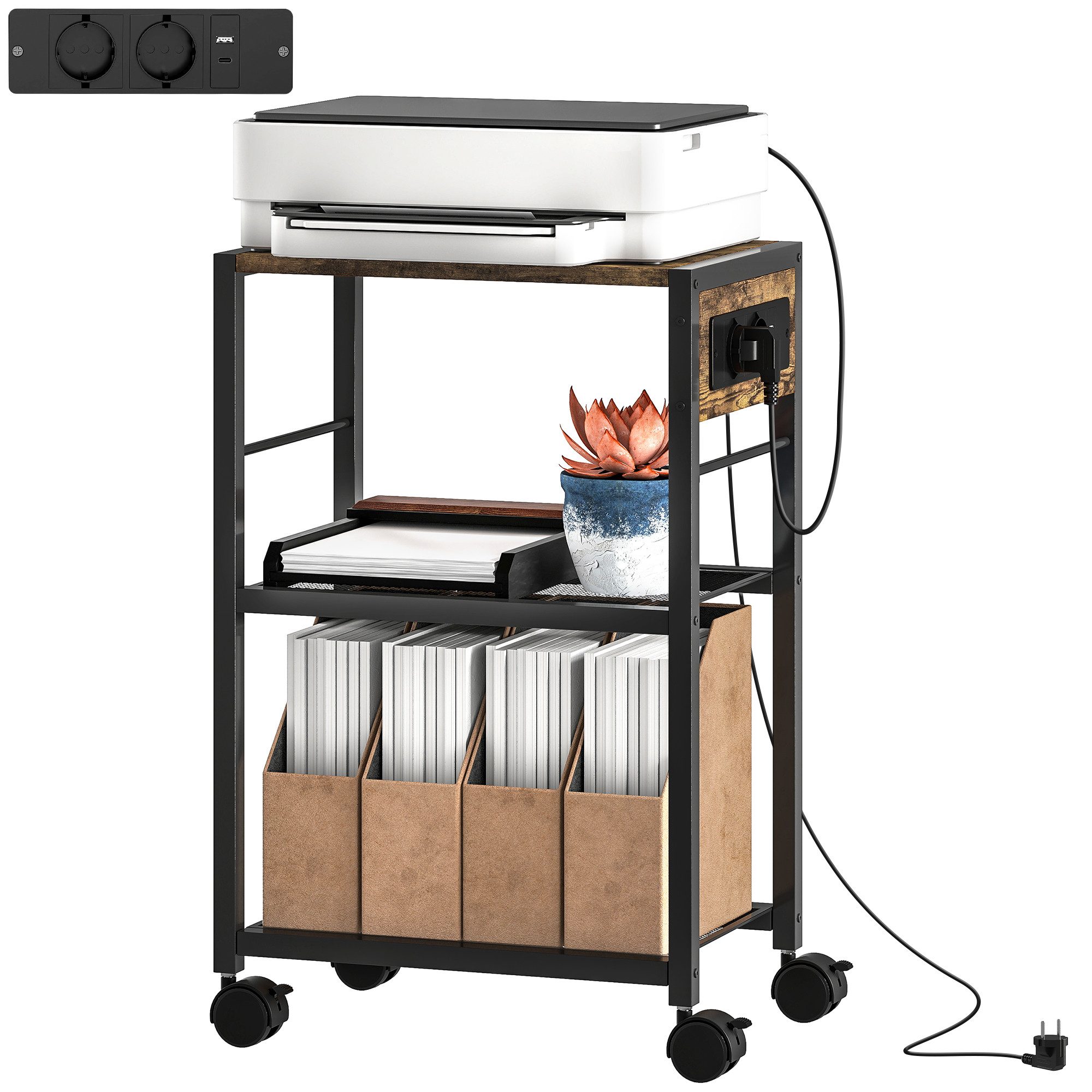 HOMCOM Aktenschrank Druckertisch mit 3 Ebenen Steckdosen Rollen Organizer (Druckeregal, 1-St., Druckerständer) bis 40 kg, für Büro Arbeitszimmer 42 x 28 x 64,5  – Bild 2 von 5