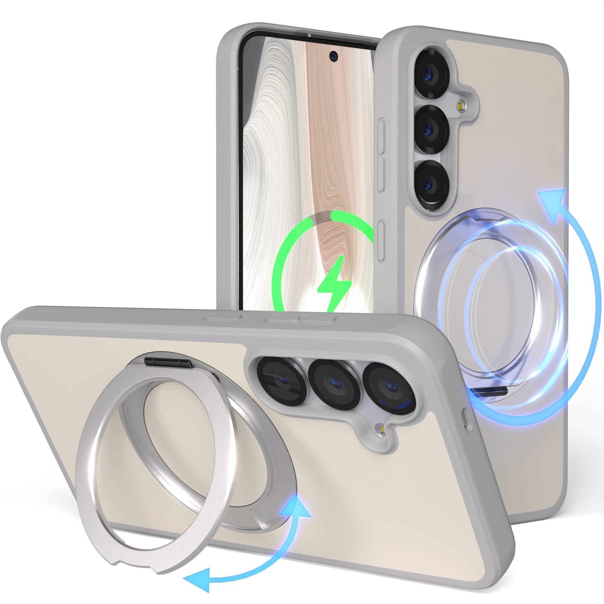 EAZY CASE Handyhülle Outdoor Galaxy S25 Case mit MagSafe Rotation Ring 6,2 Zoll, Moderne aufstellbare Handyhülle stoßfest Bumpercase kratzfest in Grau