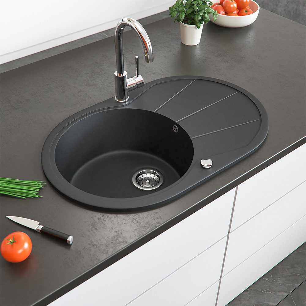 Bergstroem Granitspüle, Schwarz, 78 x 50 cm Rund mit Trockenplatz, Rund, 78/50 cm, beidseitig montierbar