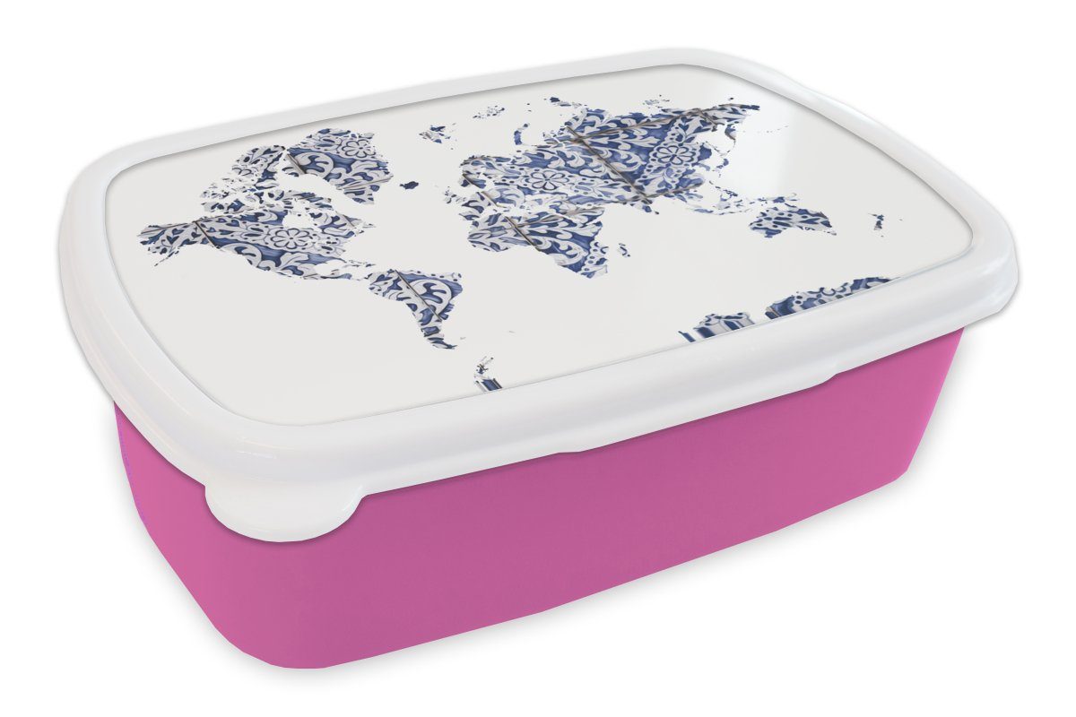 Kunststoff, MuchoWow - Blau Snackbox, Delfter Lunchbox Kunststoff Brotdose Brotbox rosa (2-tlg), Mädchen, Kinder, Weiß, - für Weltkarte Erwachsene,