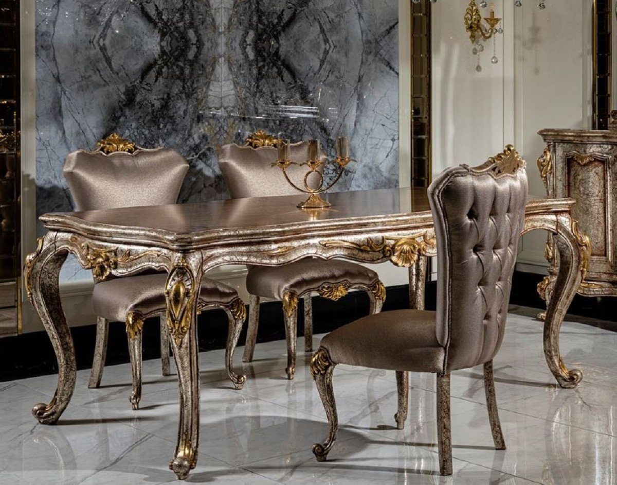 Padrino Casa & 6 / Esstisch / Braun Esszimmer Gold Esszimmer-Set Esszimmerstühle Silber Möbel 1 & Luxus - / Prunkvoll Barock Set Esszimmer Barock Silber Antik - Edel -