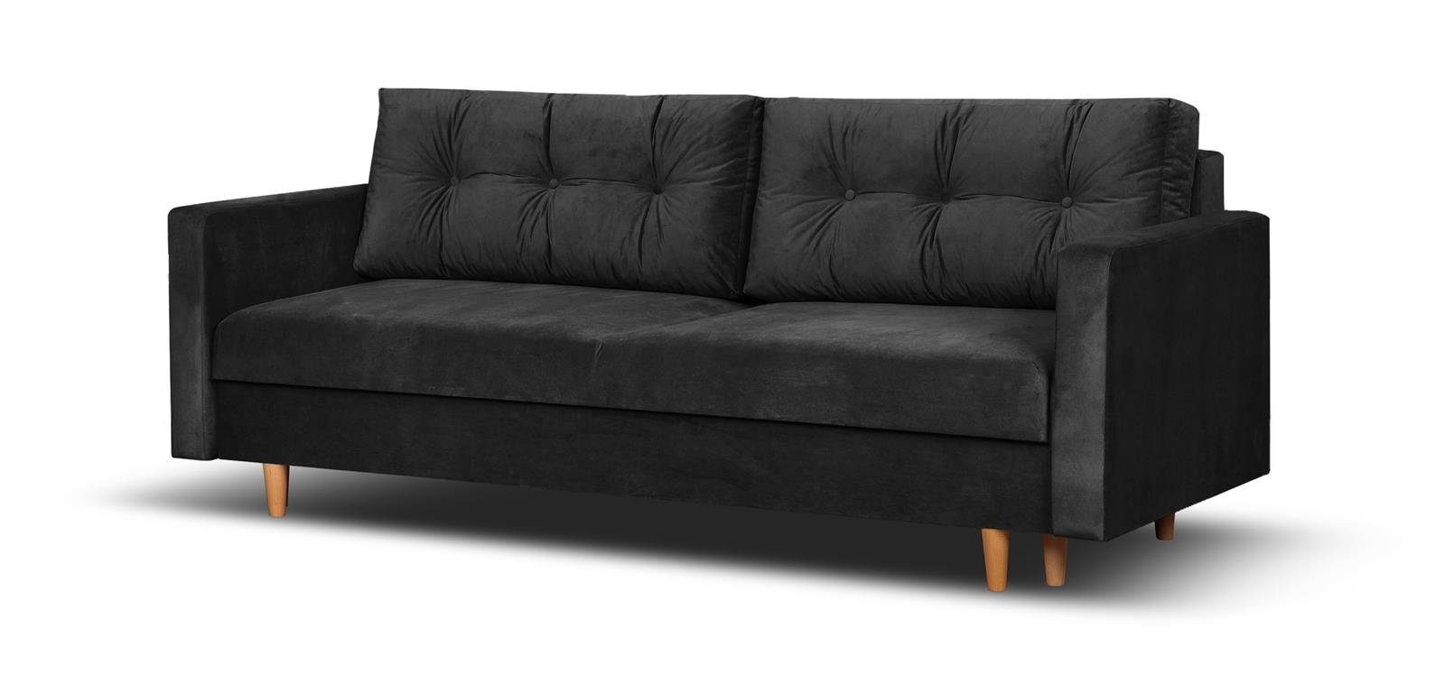 Couch Stil, Polstersofa Wohnzimmer Sigurd, 07) Schlafsofa Schwarz mit (kronos Sofa skandinavisches Bettkasten, für Schlaffunktion Velours, und im aus Beautysofa