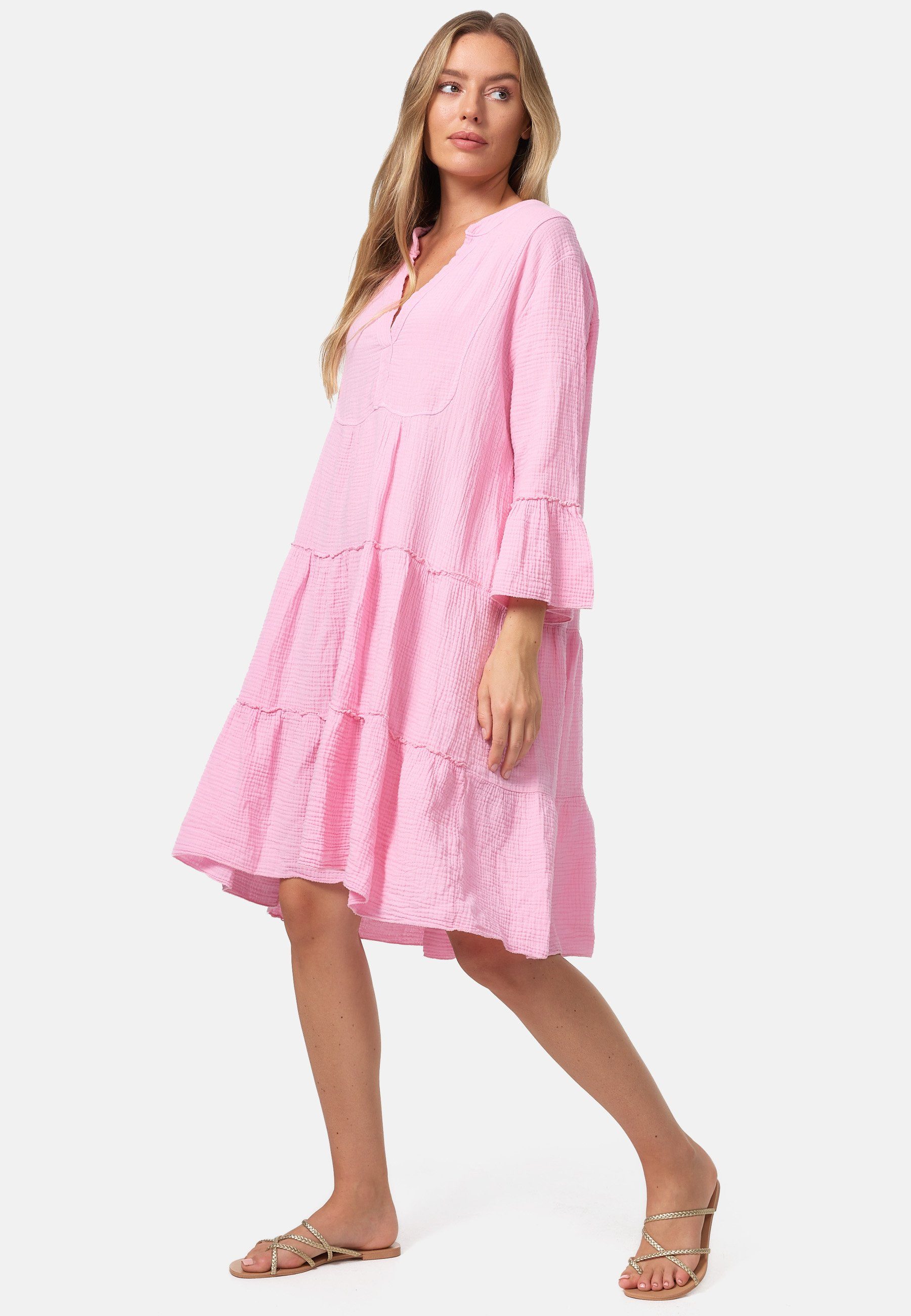 Rayshyne Sommerkleid PM39 (Leichtes Sommer Minikleid aus Musselin mit Rüschen) Musselin, Baumwolle, Rüschen, 3/4 Ärmel, Oversize – Bild 4 von 5