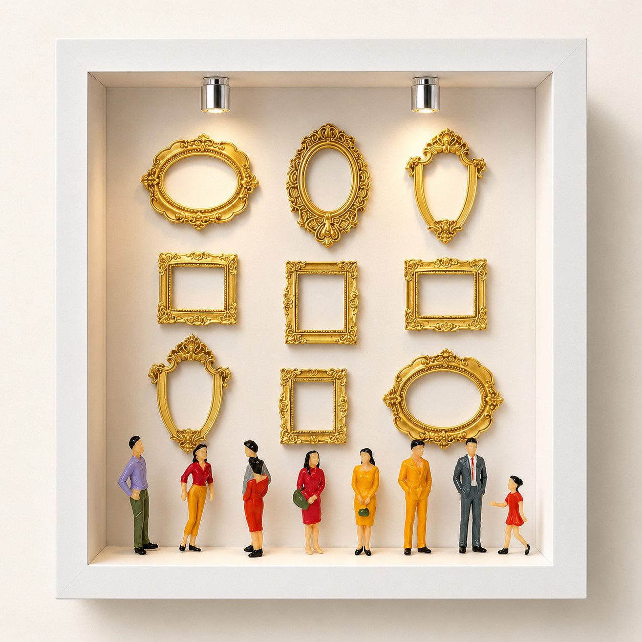 ibettertec Bilderrahmen zum Basteln DIY Set Mini Museum 3D Bilderrahmen Mini-Bilderrahmen, für 8 Bilder (goldenen Mini-Bilderrahmen und Figuren für Jahrestag), für Jahrestag, Valentinstag, Geburtstag