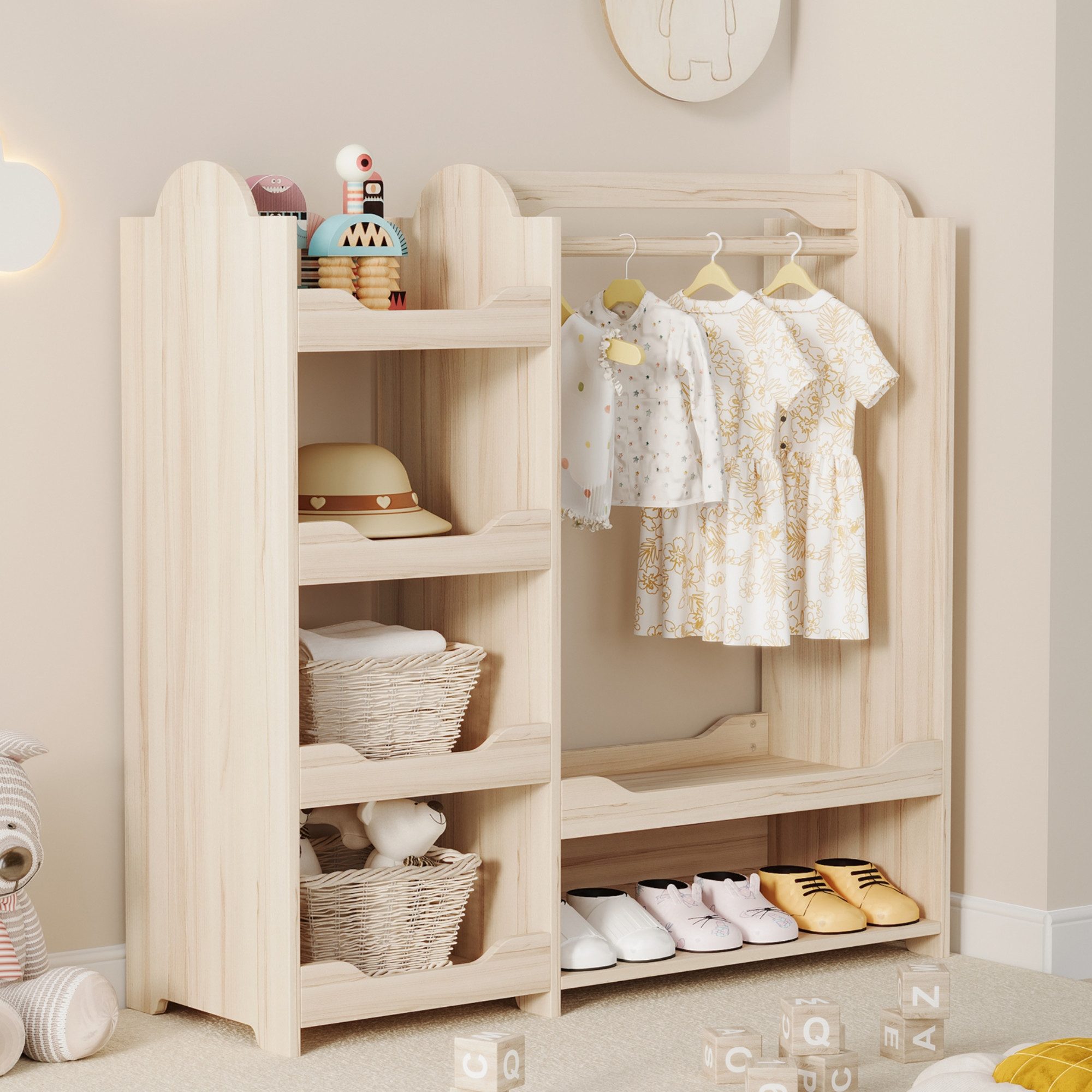 KEFEYA Kleiderständer Kindergarderobe aus Naturholz mit Kleiderstange, (4 Regalen & Sitzbank – Kinderkleiderschrank für Kinderzimmer & …