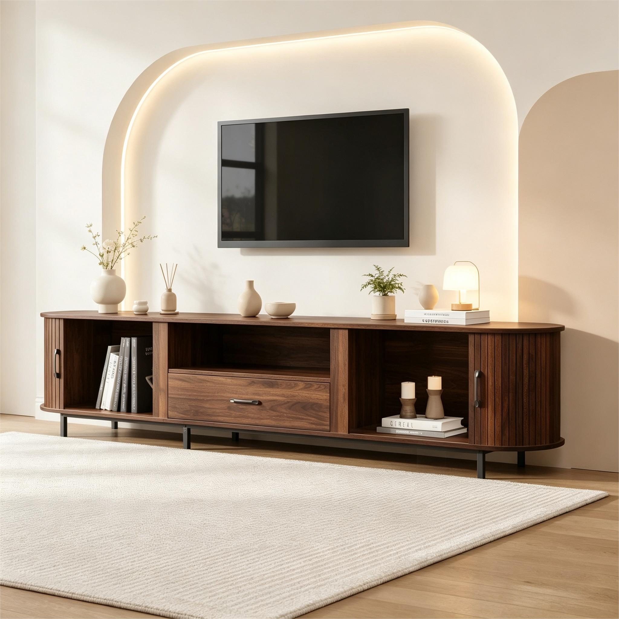 STILVORA Lowboard TV-Schrank mit Schublade Fernseherbank bis 75 zoll (TV-Möbel, Fernsehtisch, Metallbeine, 2 Schiebetüren, 2 offene Fächer, MDF-Material), für Schlafzimmer, Wohnzimmer, Flur, Esszimmer