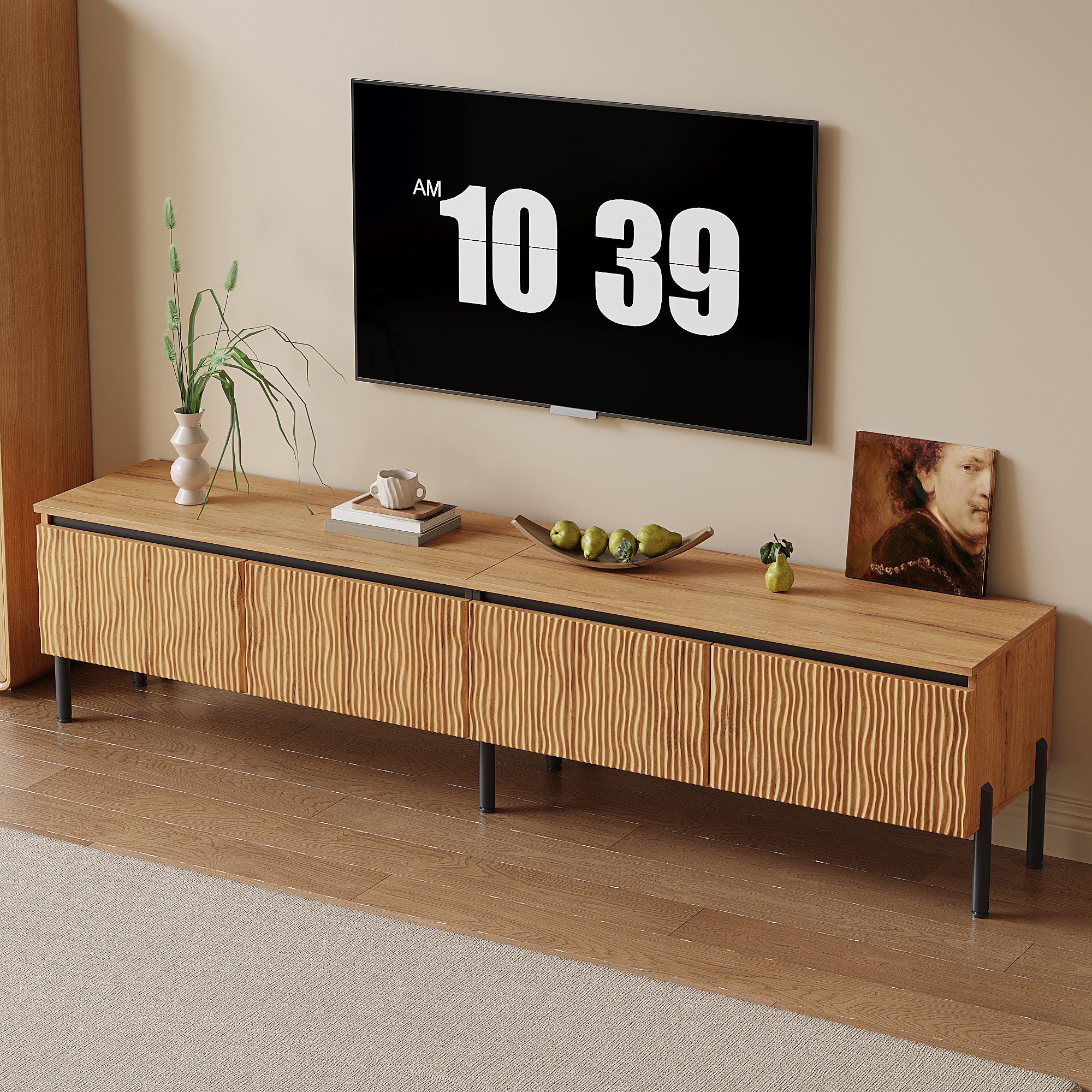 Odikalo TV-Schrank Lowboard Fernsehschrank TV Board mit Stauraum Metallfüße (TV Lowboard TV Möbel,Wohnzimmermöbel TV-Schrank mit vier wellenförmigen Türen geschlossener Stauraum mit Kabelaussparung Korpus aus PB+MDF Metallfüße)