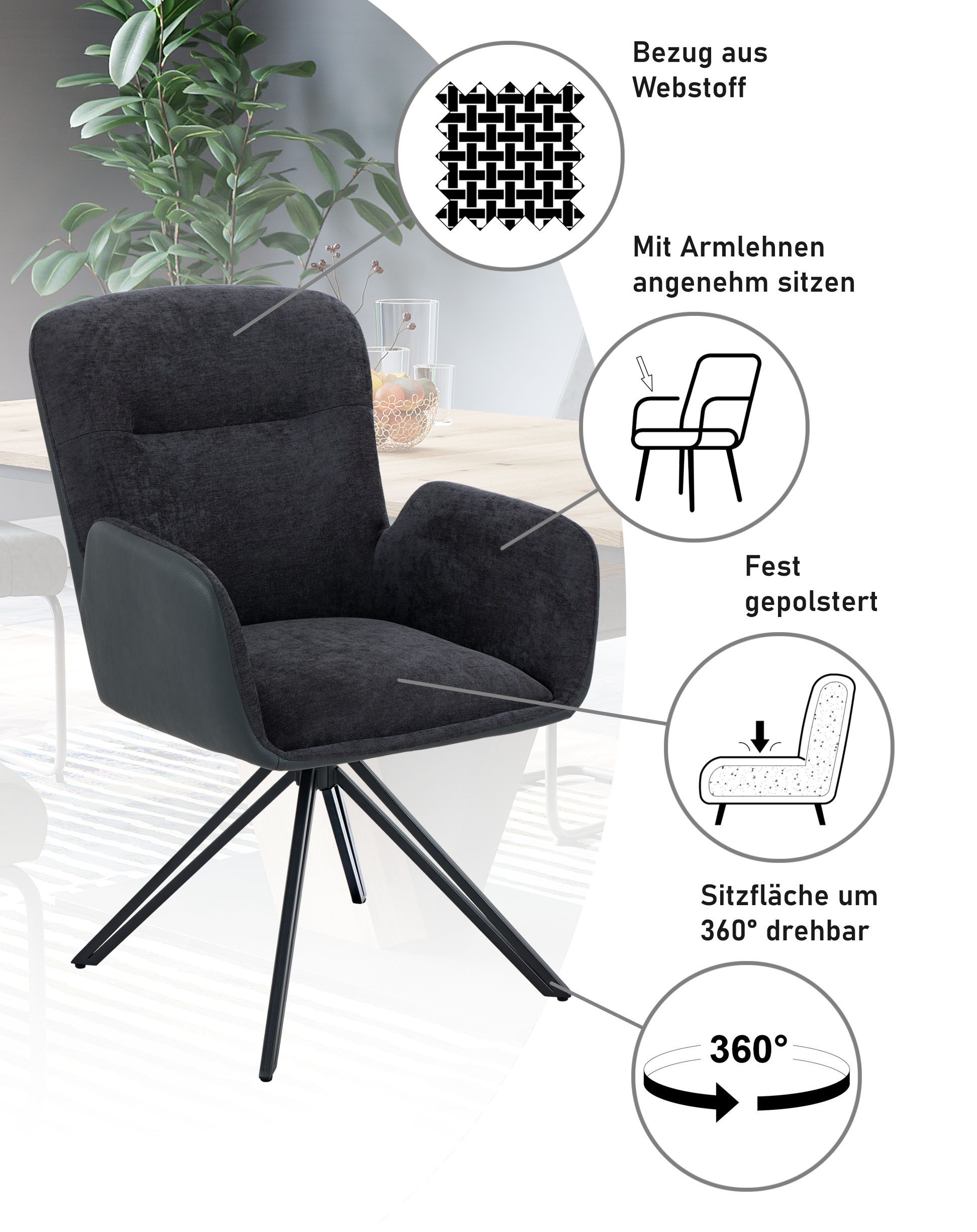 HELA Drehstuhl MILAZZO (Set, 2 St), Drehsessel mit Armlehnen (360), Materialkombination, V-Gestell