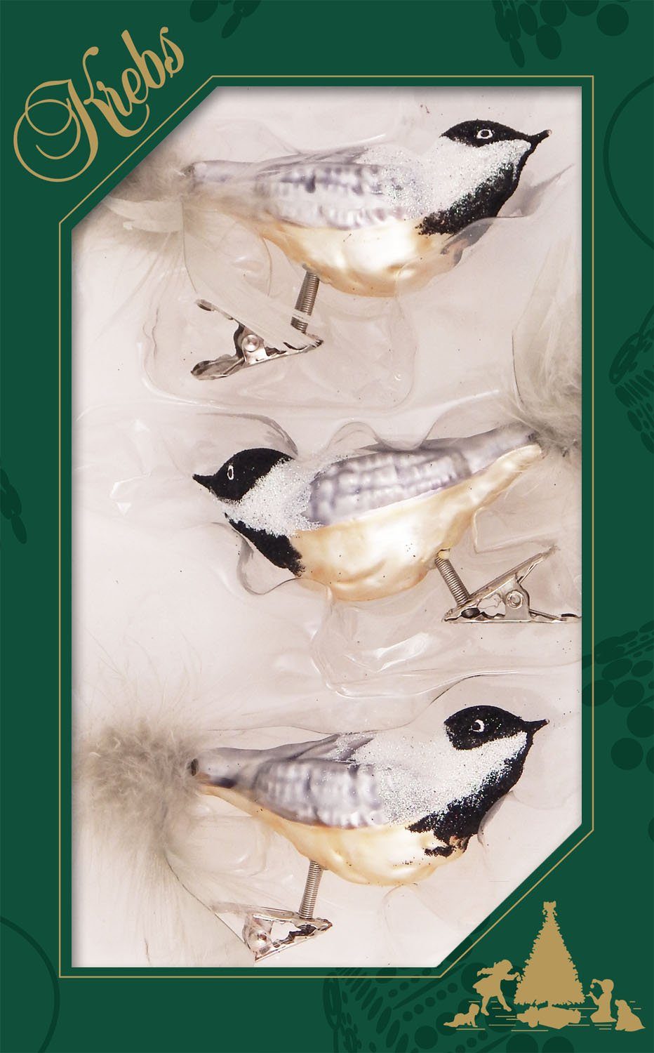 Lauscha Weihnachtsdeko, CBK60494, Christbaumschmuck Vogelsortiment Glas (3-tlg), Weihnachtsbaumklammer Krebs