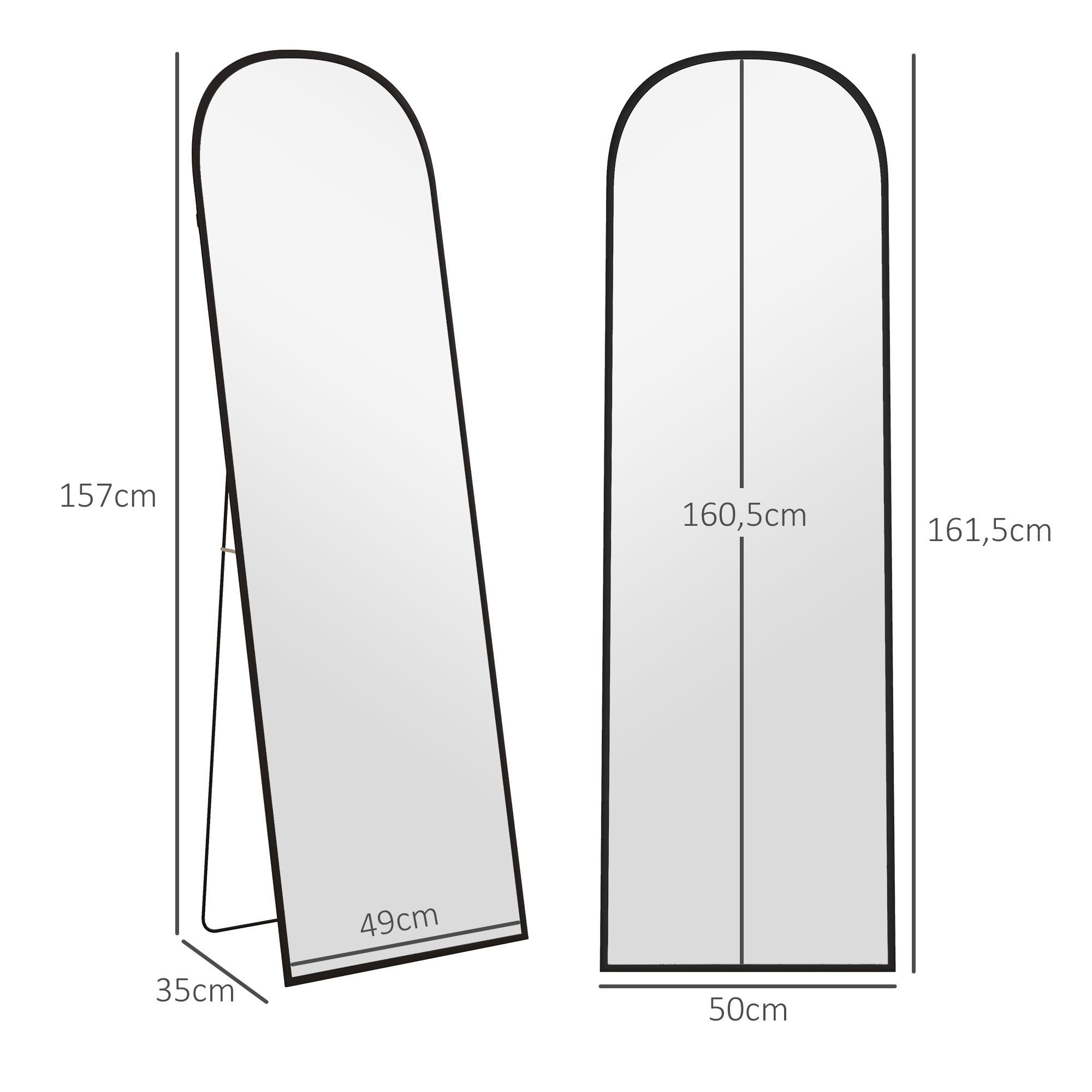 HOMCOM Standspiegel Standspiegel mit Bruchsichere Hartglas und Alurahmen, Wandspiegel (Stehspiegel, 1-St., Wandspiegel), für Wohnzimmer, Schlafzimmer, Schwarz