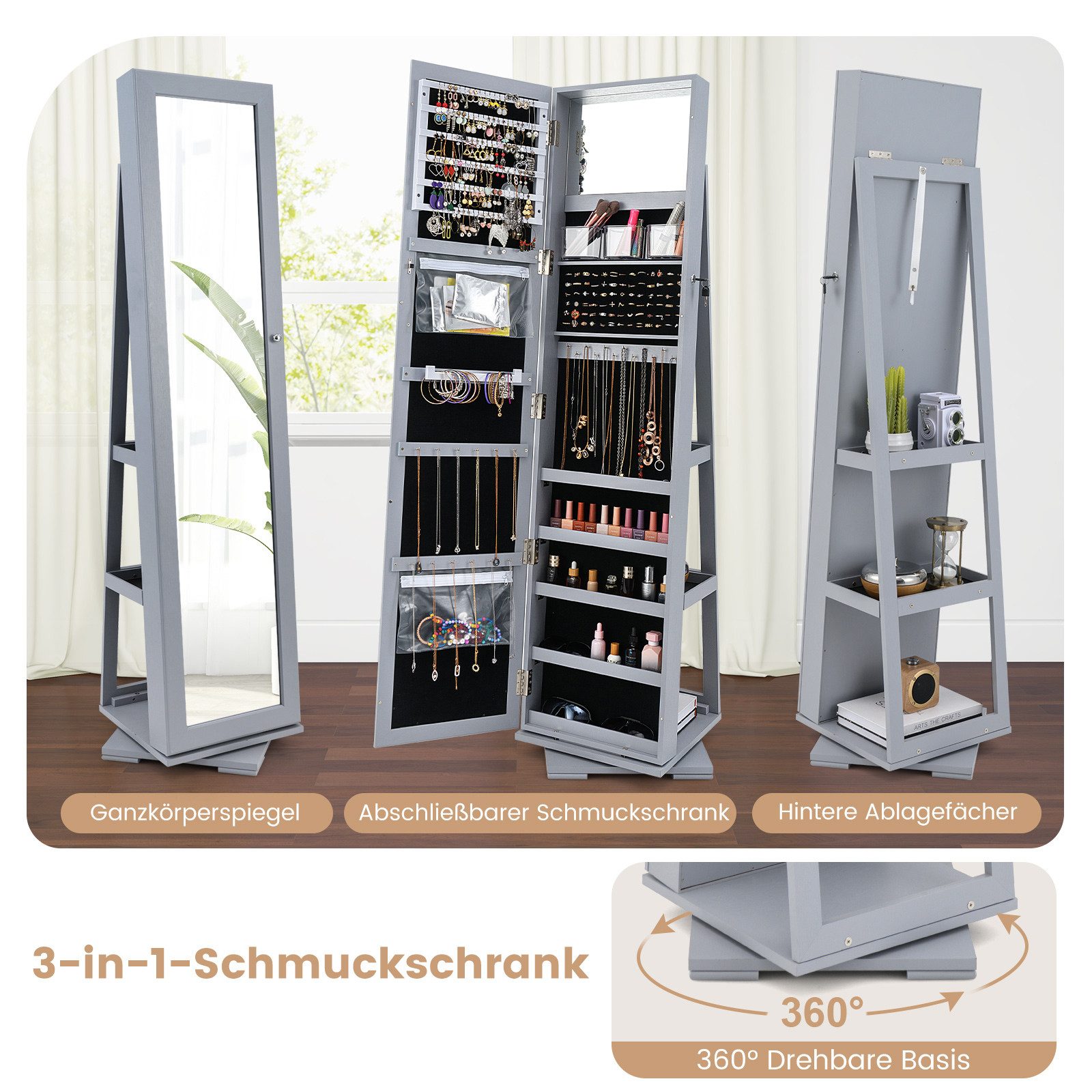 COSTWAY Schmuckschrank stehend, mit Spiegel & Regal, drehbar, abschließbar günstig online kaufen