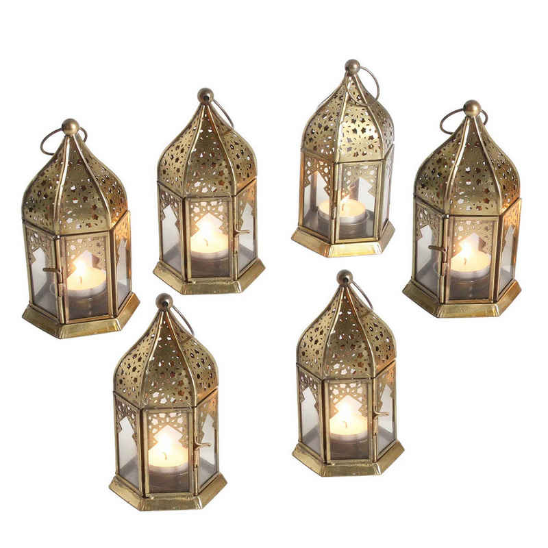 Casa Moro Windlicht Orientalische Teelichthalter Nael Transparent 6er Set (Höhe 16cm marokkanische Windlichter), Glas Laternen in Antik Gold Look wie aus 1001 Nacht WDL1080