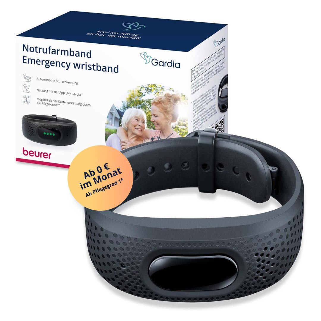 BEURER Gardia Notrufarmband mit Sturzerkennung und 24h Notrufservice mit Abo Seniorenhandy (Notrufsystem aus Armband & App Zuhause & unterwegs mit ABO Ihrer Wahl)