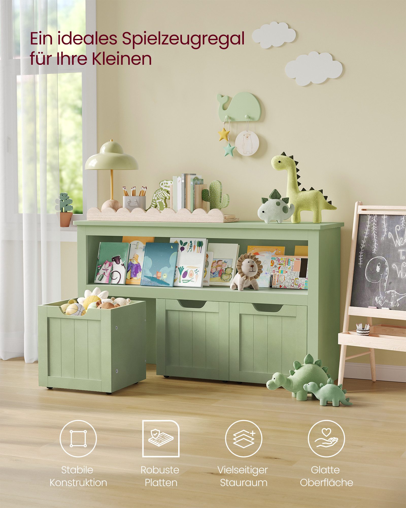 VASAGLE Kinderregal Spielzeugaufbewahrung, Bücherregal Kinder, Spielzeugregal, mit Rollen, 30 x 102 x 60 cm – Bild 4 von 5