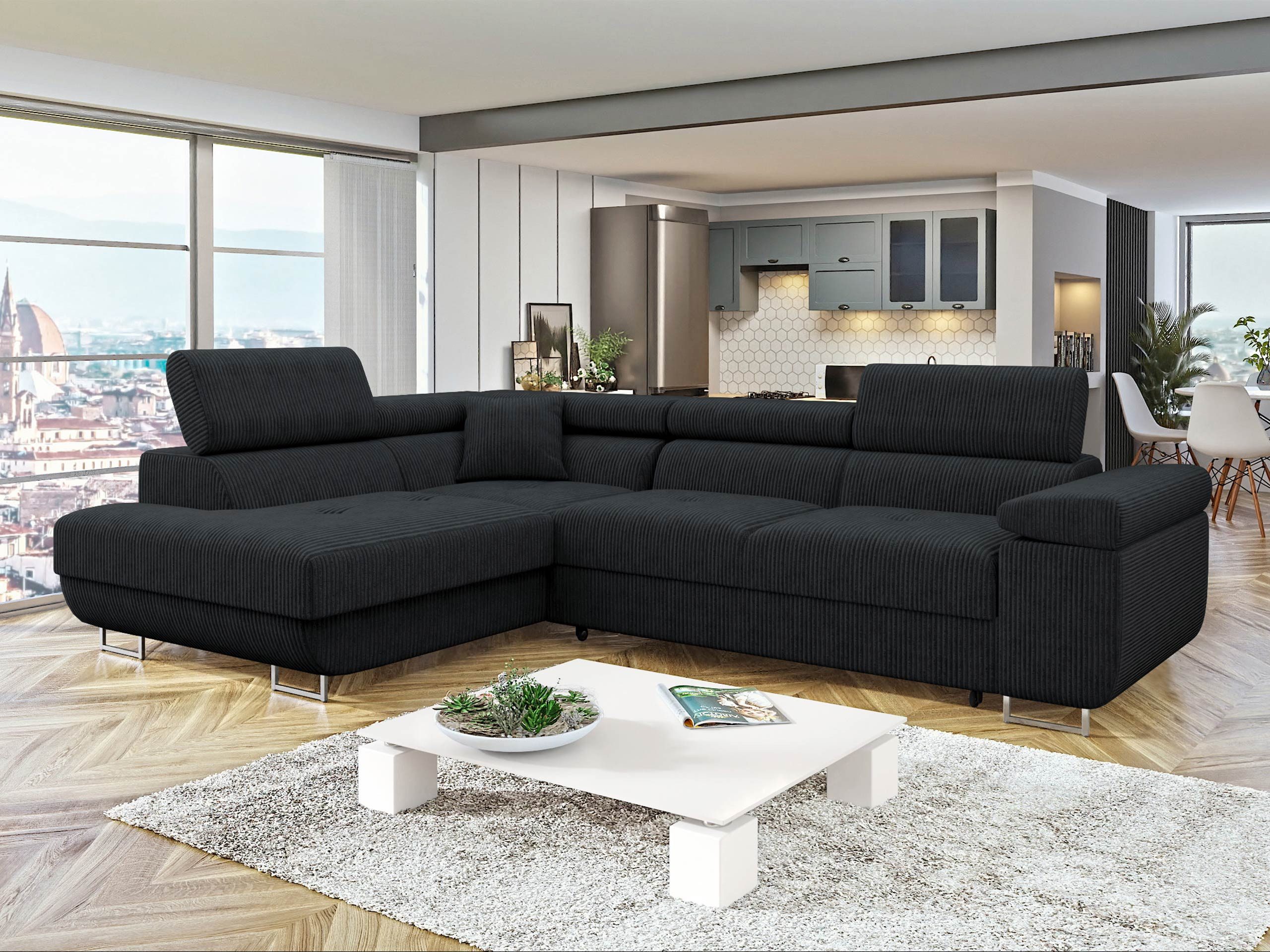 MIRJAN24 Ecksofa Torezio Cord, mit Bettkasten und Schlaffunktion, Einstellbare Kopfstützen, 274x203x70-90 cm