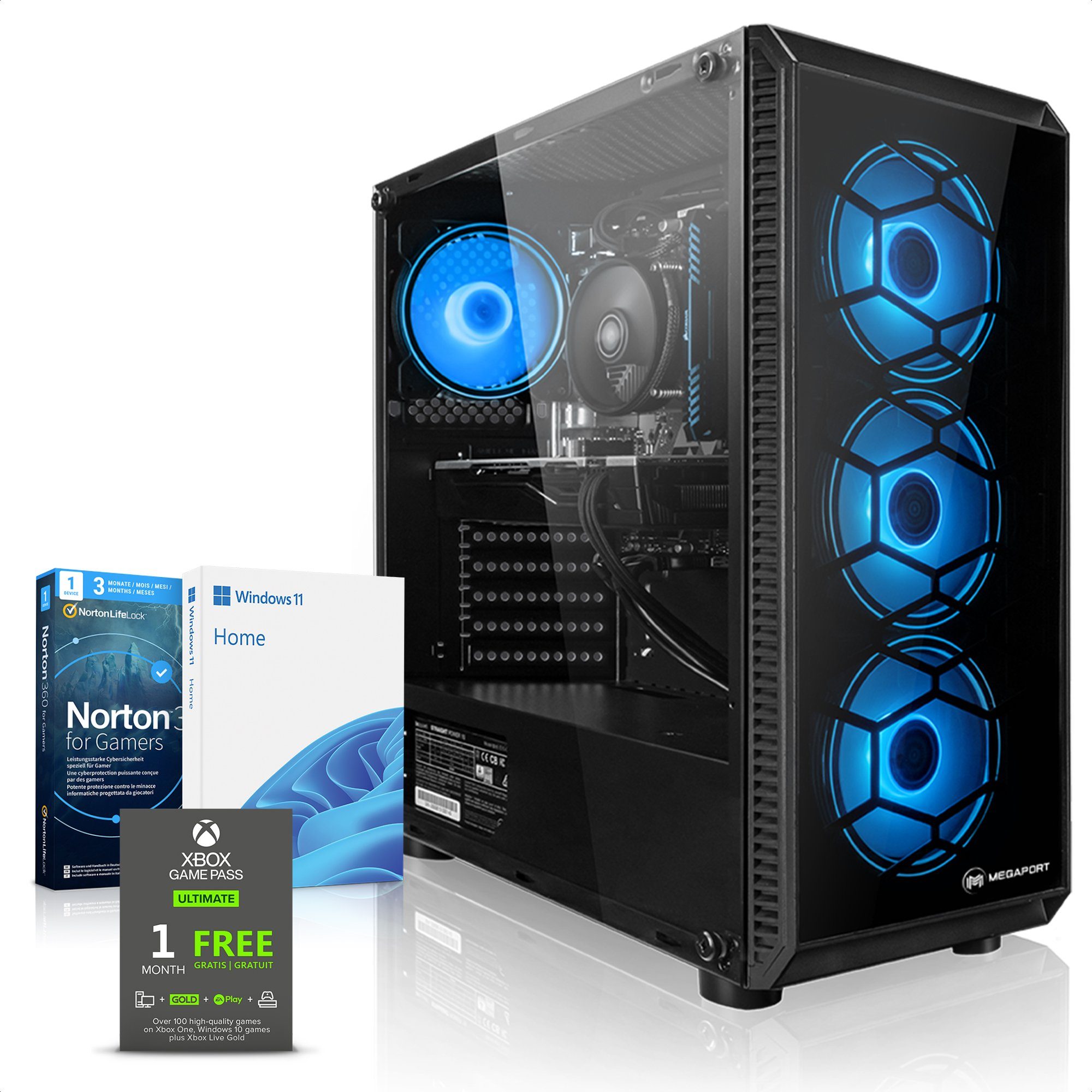 Megaport Gaming-PC (AMD Ryzen 5 5600 6x3,50 GHz 5600, GeForce RTX 3060 12GB, 32 GB RAM, 1000 GB SSD, Luftkühlung, Windows 11, WLAN)