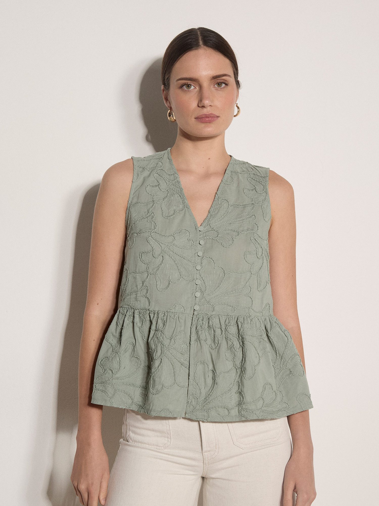 Apricot Blusentop Peplum-Oberteil mit Blumenstickerei