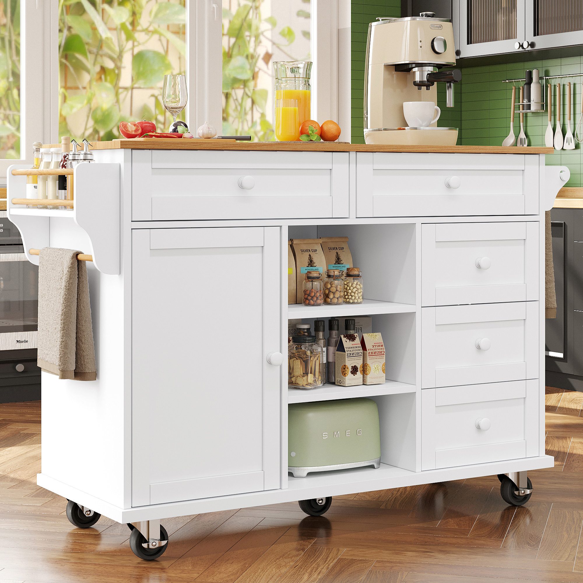 Flieks Küchenwagen Sideboard, (Rollen/Holzfüße austauschbar, 1 St., verstellbare Einlegeböden), Anrichte Küchenschrank mit Arbeitsplatte Speisewagen Kommode