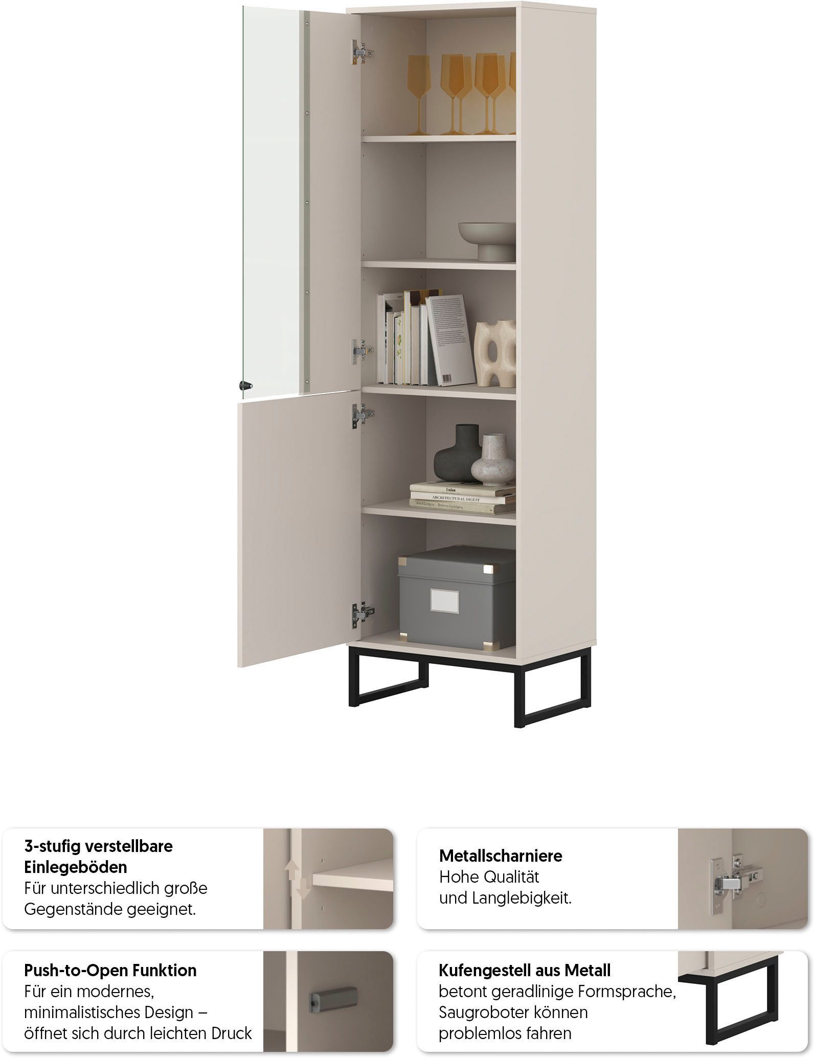 OTTO home Vitrine Loft, Höhe 180 cm, moderne Standvitrine mit 2 Türen, Metallkufen Hochschrank mit viel Stauraum, Glastür und verstellbaren Einlegeböden