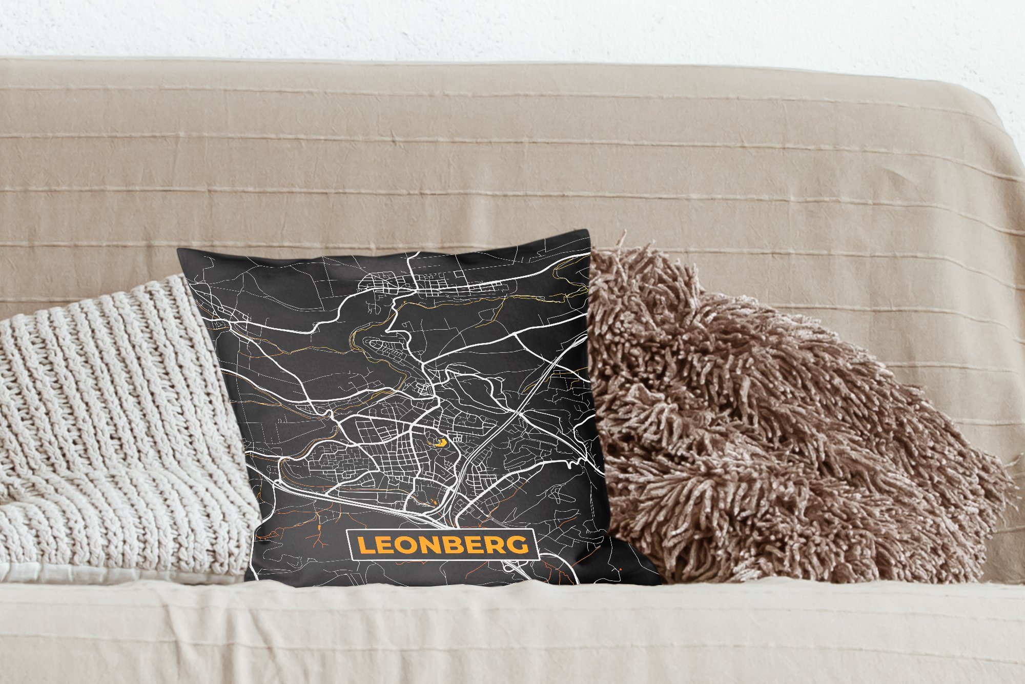 MuchoWow Dekokissen Gold - Deutschland - Karte Sofakissen Stadtplan - - Schlafzimmer, für mit Deko, Füllung Wohzimmer, Leonberg, Zierkissen