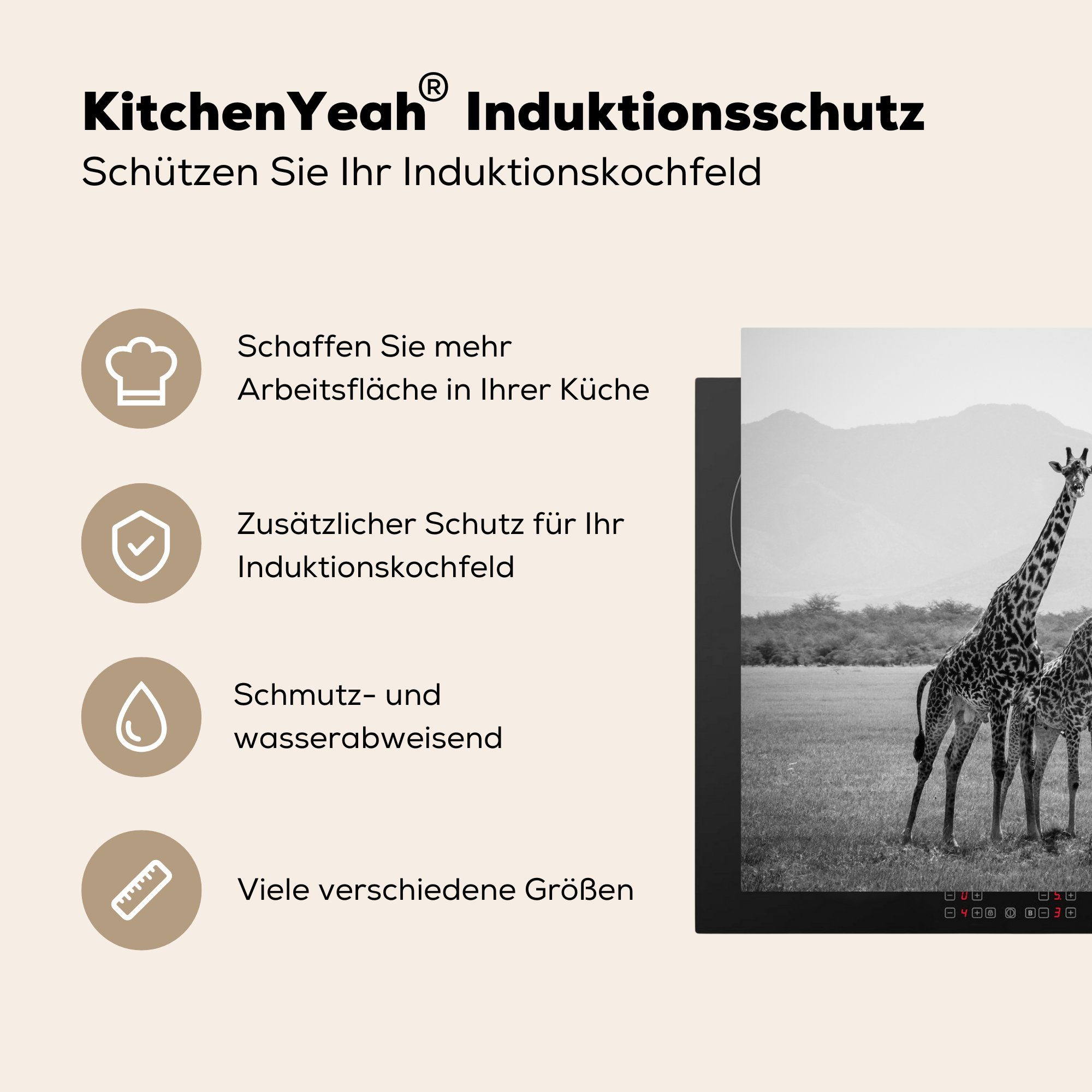 Giraffen 78x78 küche Feld Herdblende-/Abdeckplatte Weiß, cm, für in einem und Vinyl, Schwarz Ceranfeldabdeckung, Zwei tlg), stehen Arbeitsplatte MuchoWow in (1