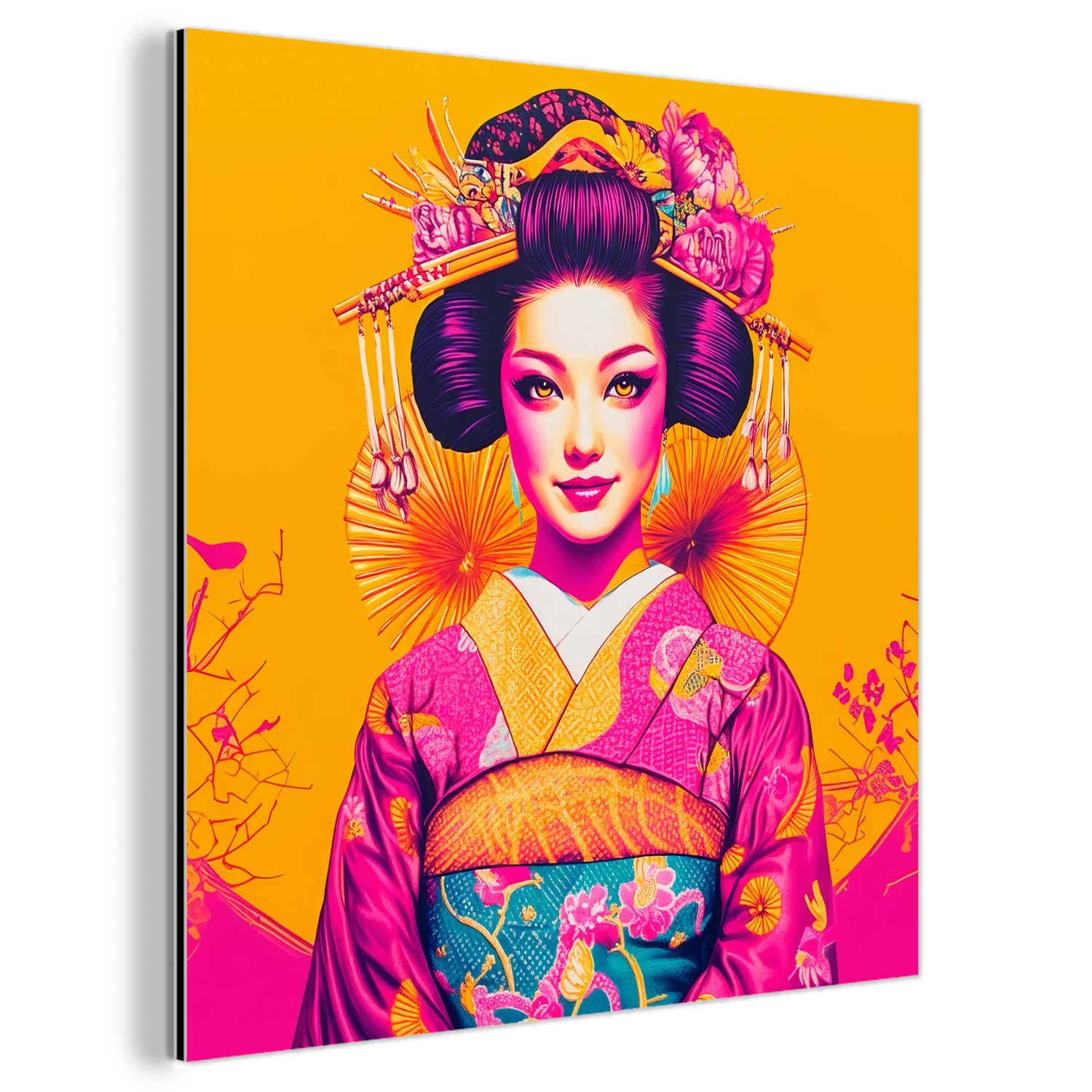 Metallbild Blumen - Frau - Kimono - Rosa