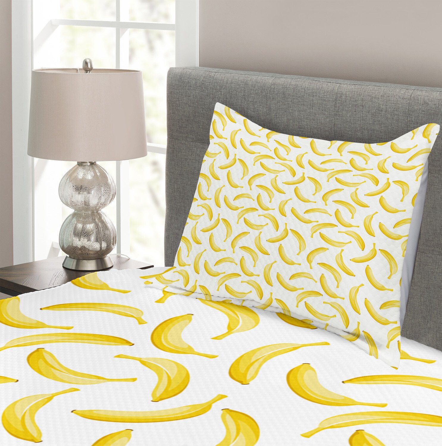 Waschbar, und Set Cartoon Abakuhaus, Banana Gelb mit Tagesdecke Kissenbezügen Weiß