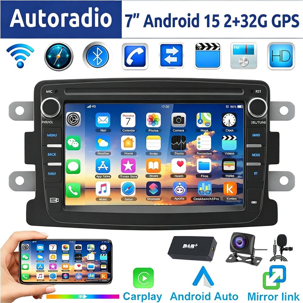 ESSGOO 7" Android 15 Für Renault Captur Dacia Duster Dokker Logan Sandero Autoradio (RDS, 2+64GB(optional), FM, DAB+ (optional), GPS Navi Carplay Android Auto Bluetooth EQ USB WIFI Touchscreen SWC)