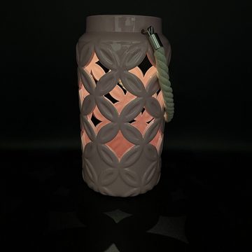 Online-Fuchs LED Laterne aus Keramik mit Blumenmuster für außen in Rosa - 27cm hoch, Timerfunktion, warmweiß, Deko Garten, Balkon, Terrasse