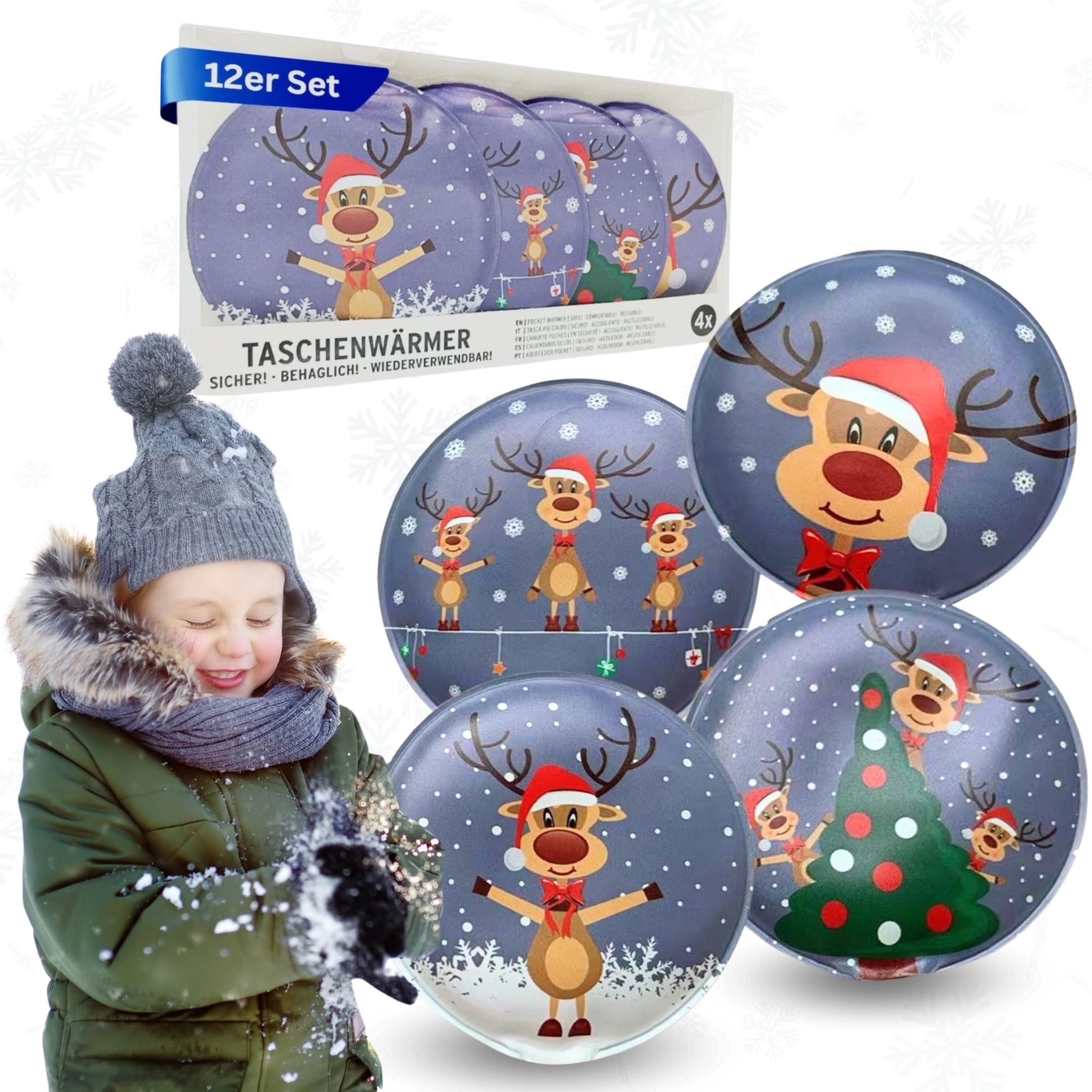 Lüttenburg Грілка для рук Taschenwärmer Rentier Rudolph Weihnachten, Wärmekissen Rudolph Rentier Motiv 12-tlg., Taschenheizkissen 9 x 9 cm, Wierderverwendbar