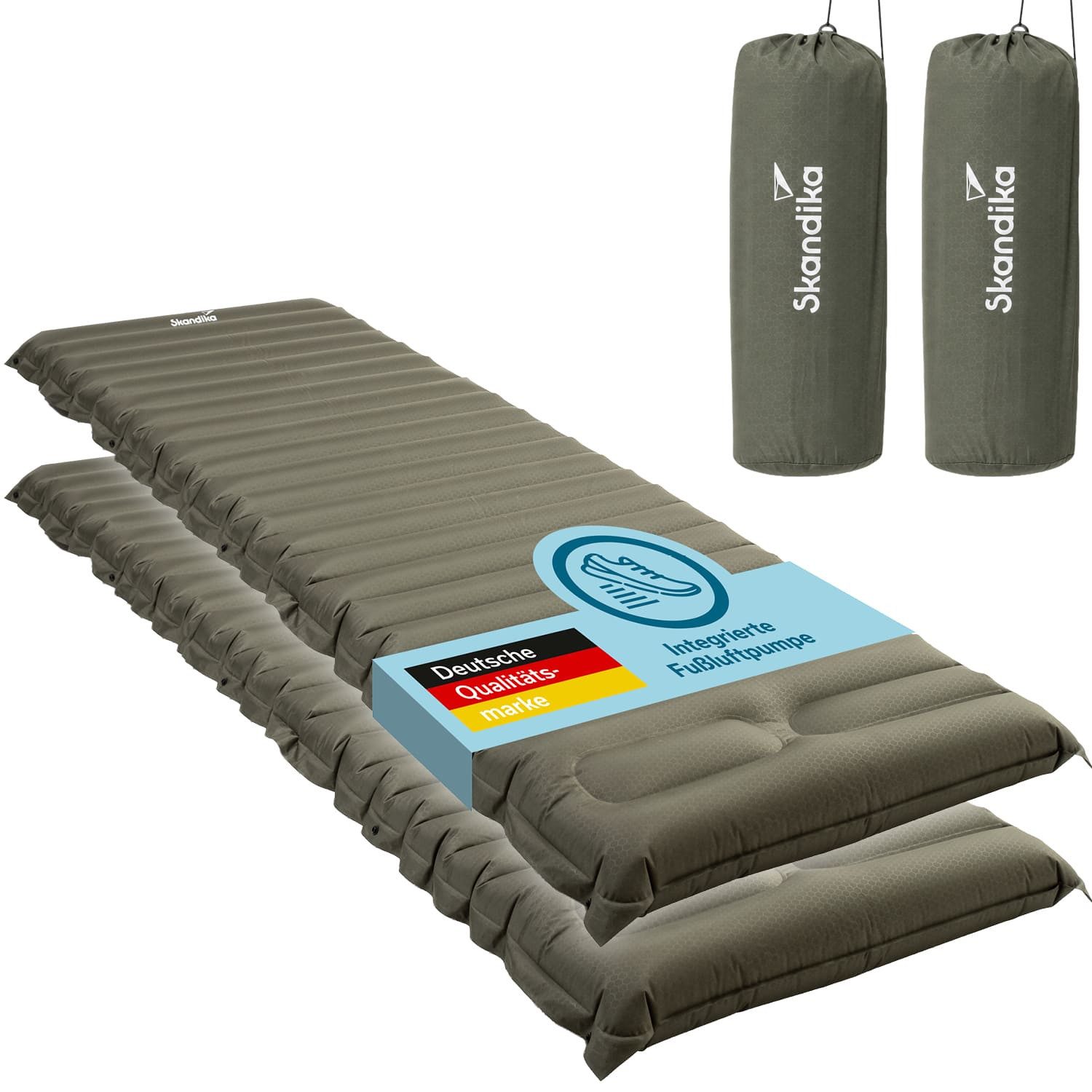 Skandika Luftmatratze 2er-Set Dromluft, aufblasbare Matratze, jeweils 205 x 65 x 8 cm, (Passende Tragetasche, Integrierte Fußpumpe), Druckknopfleiste zum Kombinieren mehrerer Matratzen, je Max. 150 kg