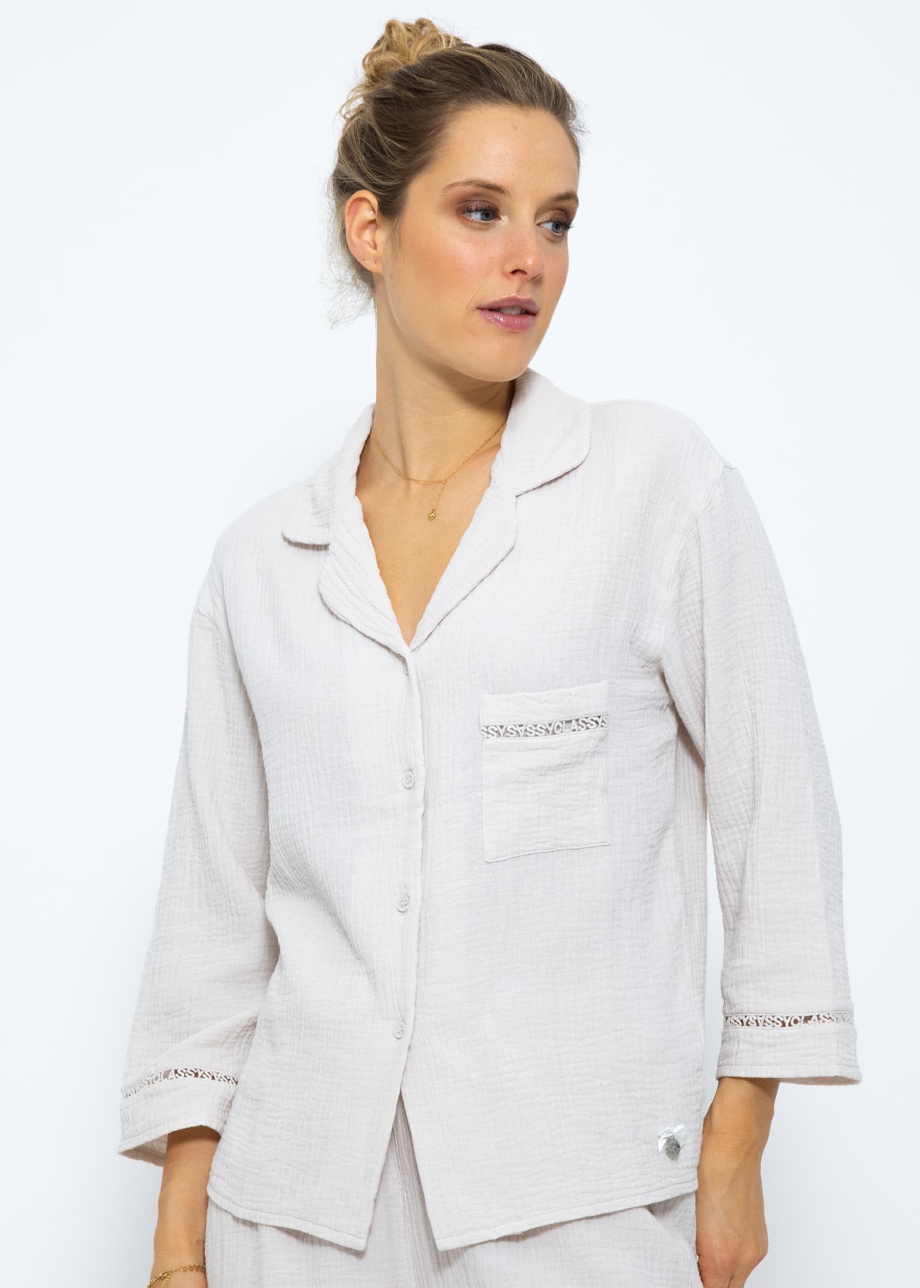 SASSYCLASSY Pyjamaoberteil Pyjamabluse Damen aus weichem Musselin SLEEPWEAR Kollektion Schlaf Musselinshirt Pink Beige Taupe