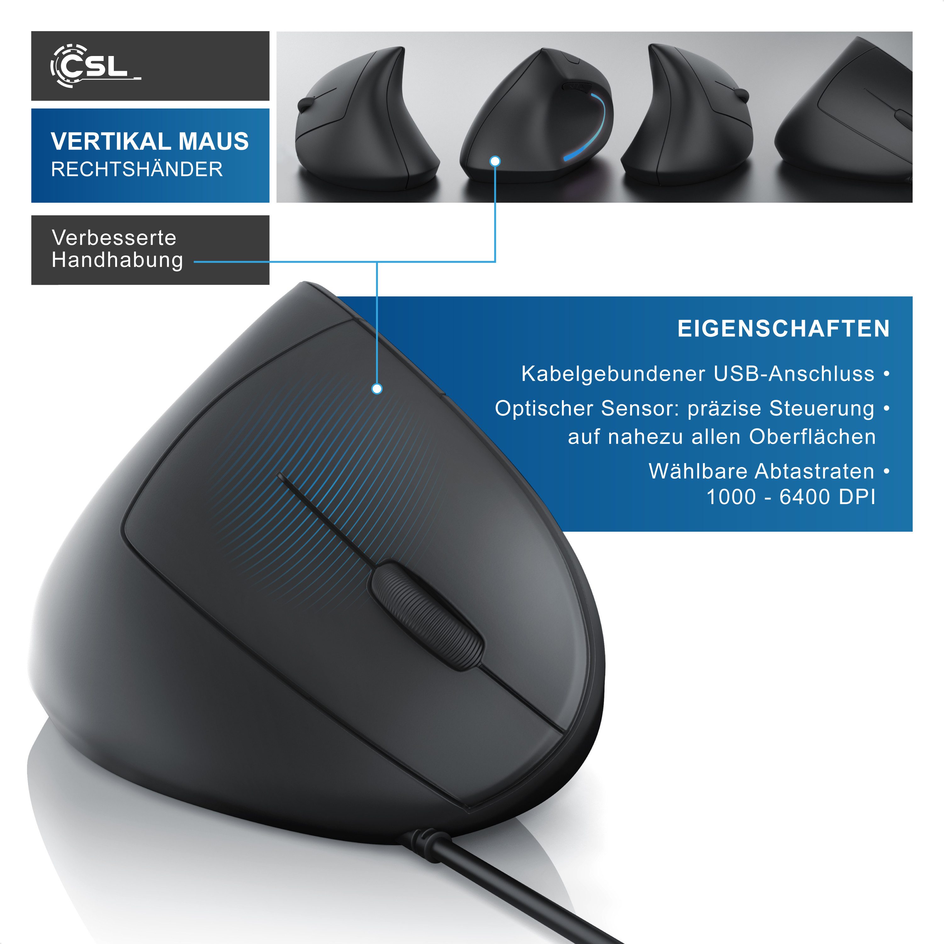 CSL optische vertikale Mouse, Vorbeugung gegen Mausarm/Tennisarm (RSI) ergonomische Maus (kabelgebunden, vertikale Ausführung, ergonomisches Design, 7 Tasten, armschonend)