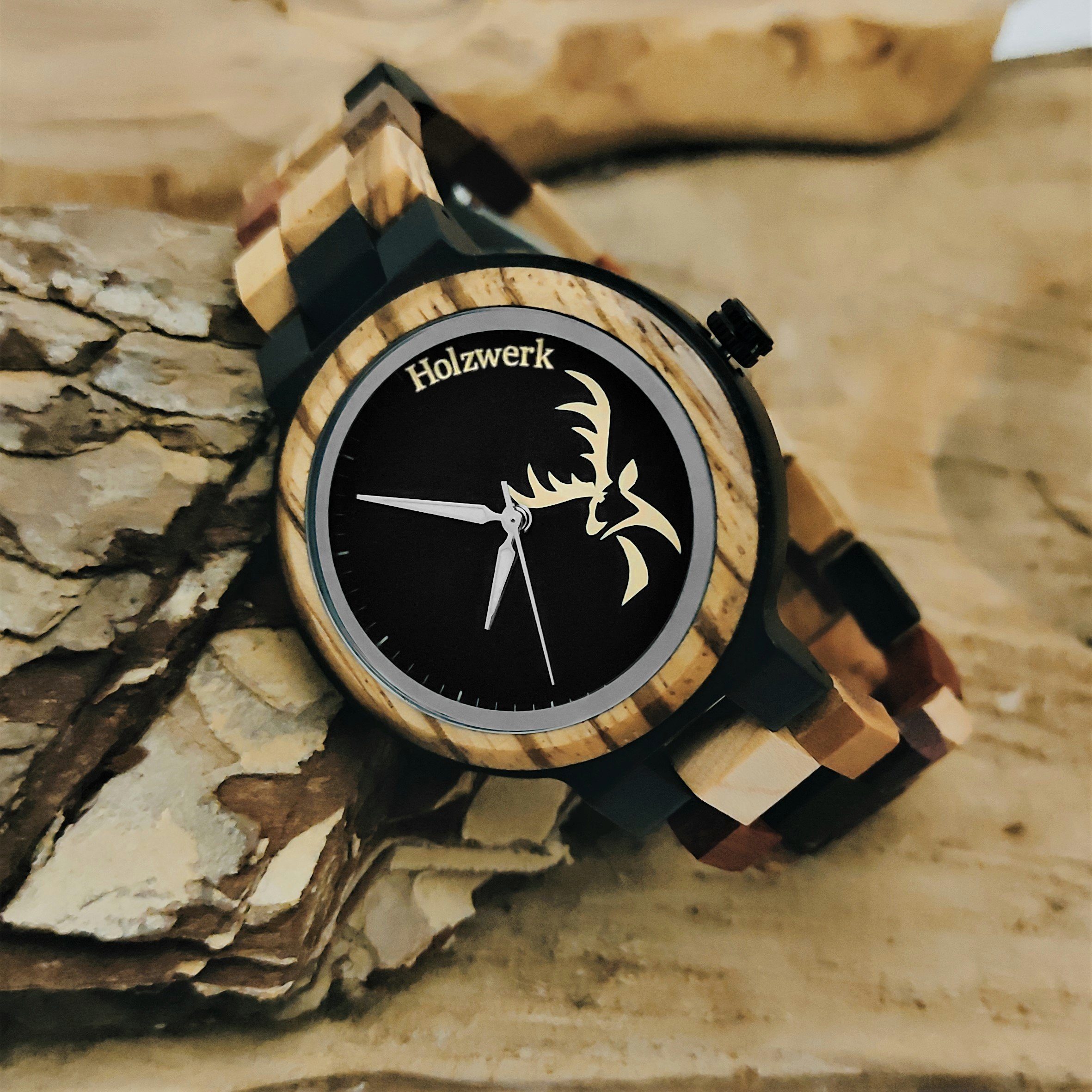Quarzuhr Holzwerk schwarz, Holz Damen braun AHLEN Uhr, kleine Logo, Kopf Hirsch Armband