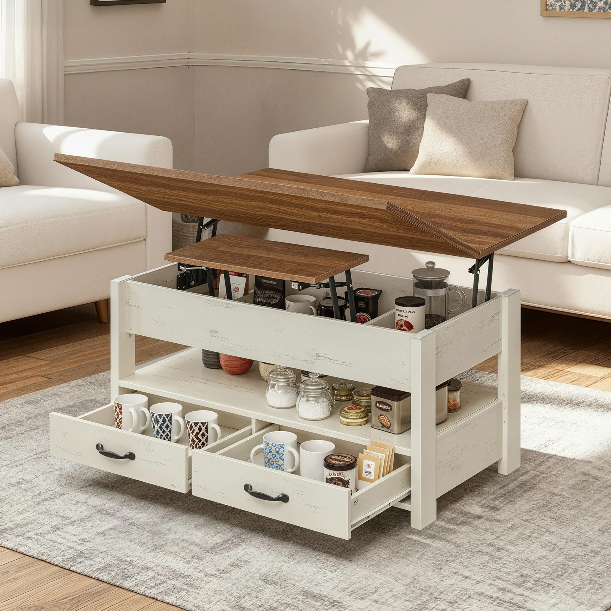 VASAGLE Couchtisch höhenverstellbar, Wohnzimmertisch, viel Stauraum, rechteckig (Doppel-Hebemechanismus, inkl. Zubehörpaket & Anleitung), Multifunktion, aufklappbar, Schubladen Landhausstil
