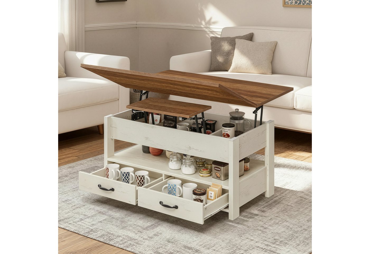 VASAGLE Couchtisch höhenverstellbar mit 2 hochklappbaren Tischplatten, Stauraum (multifunktional, inkl. Zubehörpaket & Anleitung), 2 Schubladen und Ablage, Wohnzimmertisch, weiß