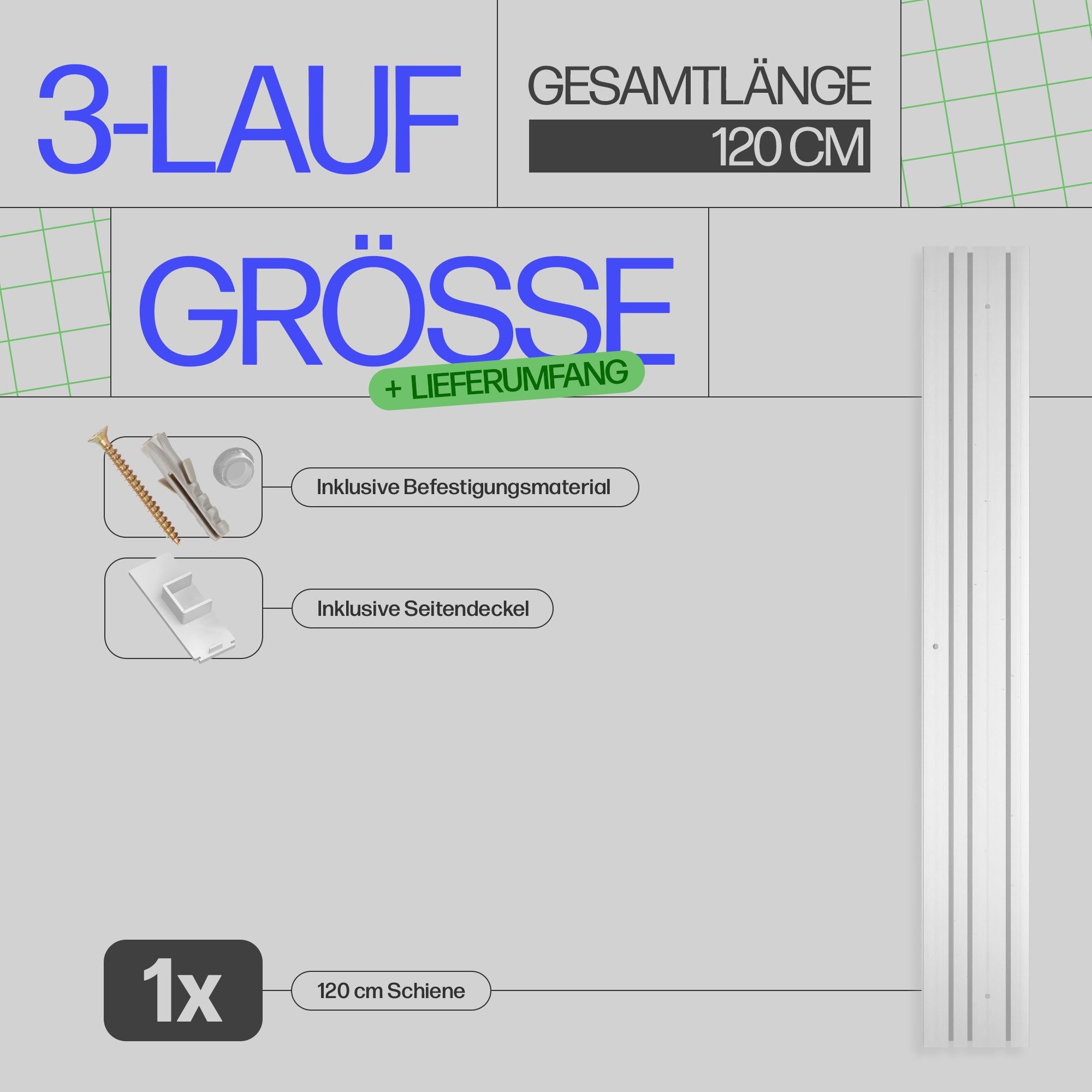 Bestlivings Gardinenschiene Innenlauf Komplettset 90-480 cm, 3-läufig, 120 cm, mit Bohren, verschraubt, Kunststoff, flach, weiß, inkl. Befestigungsset