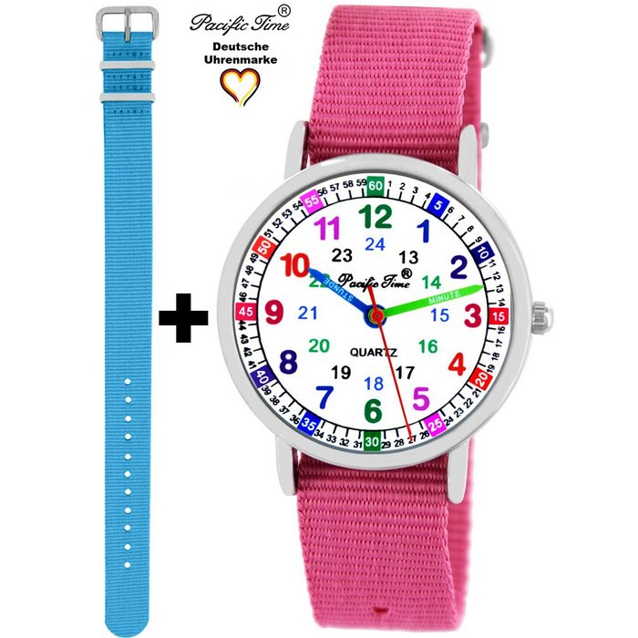 Pacific Time Quarzuhr Lernuhr Mädchen Kinderuhr Set 2 Wechselarmband Armbanduhr rosa 11150 + ein Armband hellblau - Gratis Versand