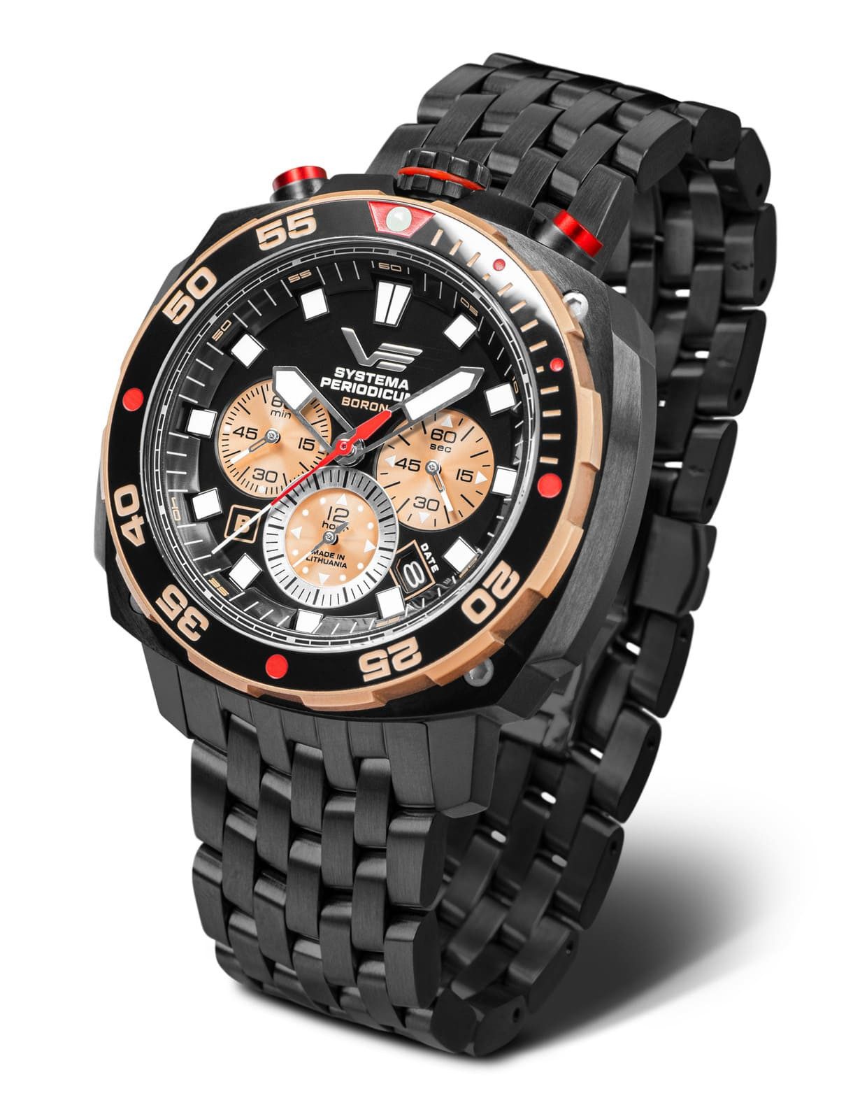 Vostok Europe Chronograph Boron 650E721-B – Bullhead Uhr 45,5 mm, Schwarz, Edelstahlband, 20 ATM