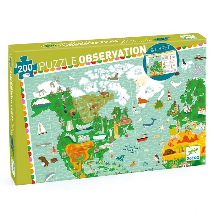 DJECO Puzzle Wimmelpuzzle: Weltreise + Booklet - 200 Teile Puzzleteile