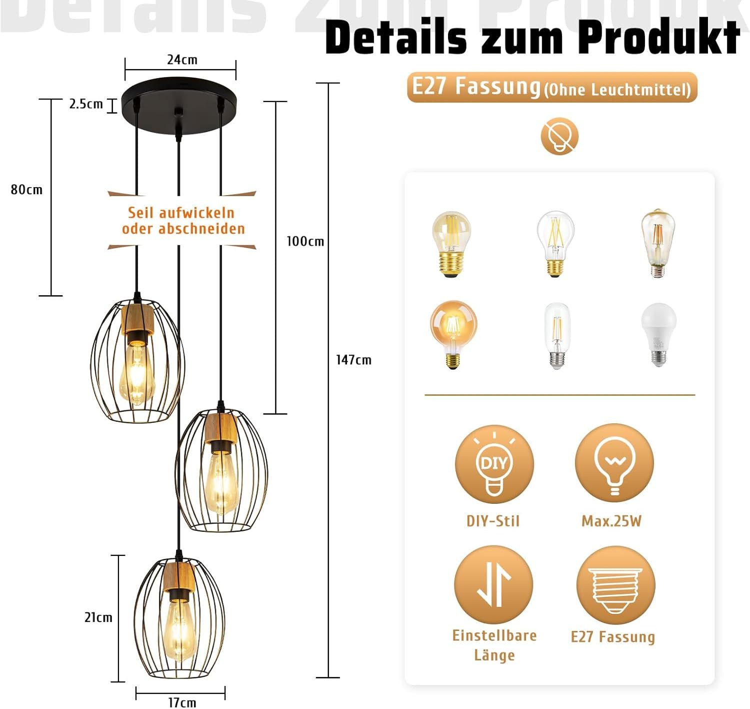 Nettlife Pendelleuchte Vintage Schwarz 3flammig Industrielle Eleganz aus Metall Holz E27, ohne Leuchtmittel, für Wohnzimmer Esszimmer Küche Schlafzimmer in Rest – Bild 3 von 5