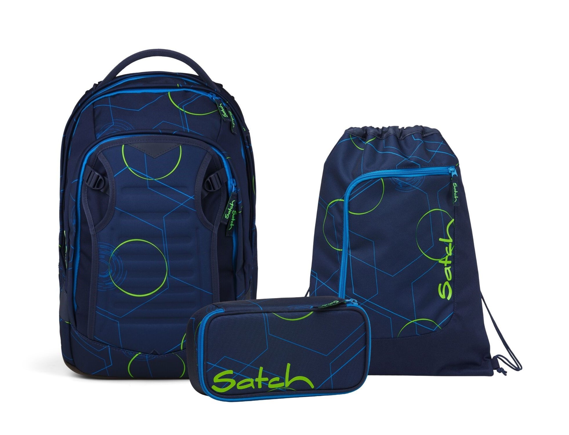 Satch Schulranzen Schulrucksack-Set MATCH PLUS Blue Tech 3-teilig (3-teilig), Schulranzen, ergonomisch, 30 + 5 Liter, 4 Fächer
