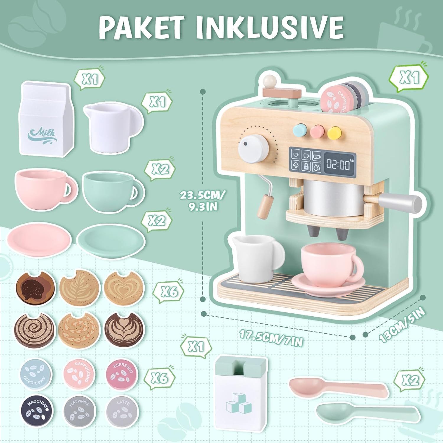 CLTYQ Kinder-Kaffeemaschine Kaffeemaschine Kinder Holz, 22 Stück Kinderküche Kaffeemaschine, (22-tlg), Rollenspiele Geschenk Jungen Mädchen Geschenk