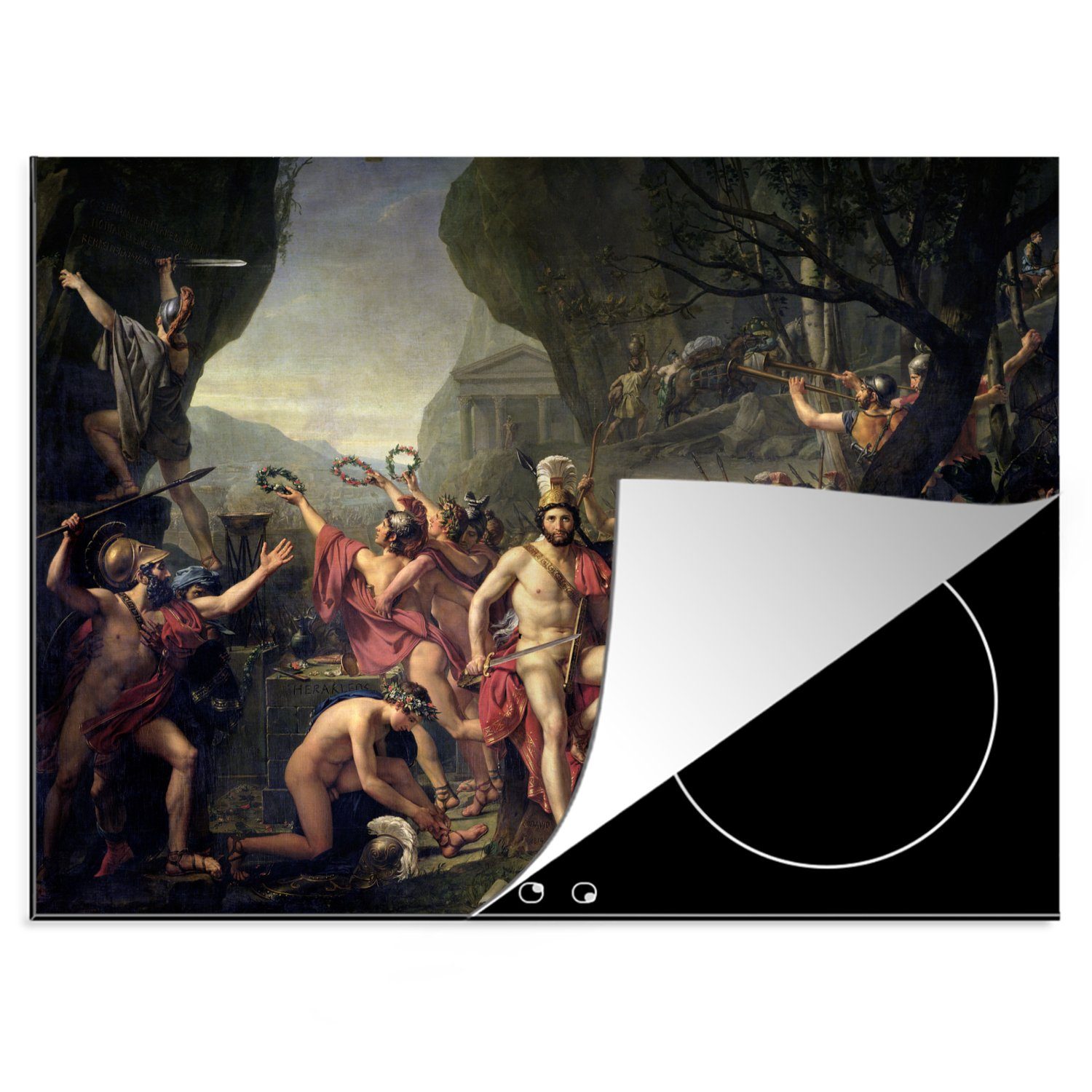 MuchoWow Herdblende-/Abdeckplatte Leonidas bei den Thermopylen - Gemälde von Jacques-Louis David, Vinyl, (1 tlg), 70x52 cm, Mobile Arbeitsfläche nutzbar, Ceranfeldabdeckung