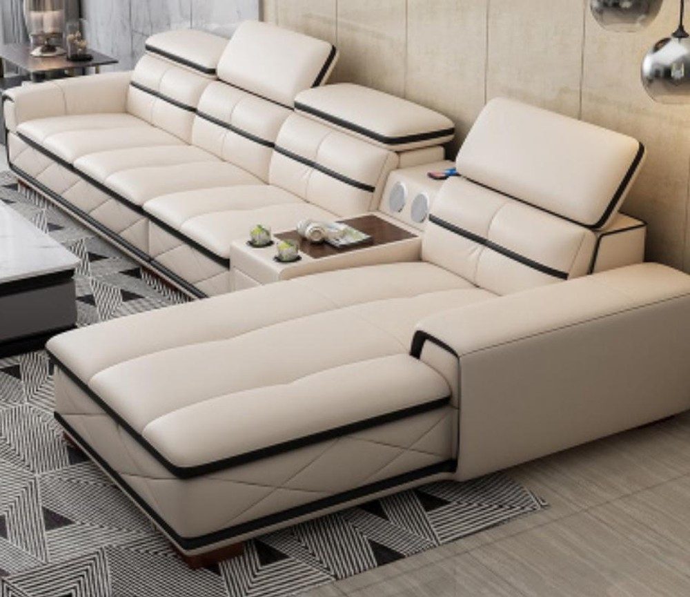 Ecksofa Weißes L-Form Sofa aus Kunstleder mit Massivholzfüßen
