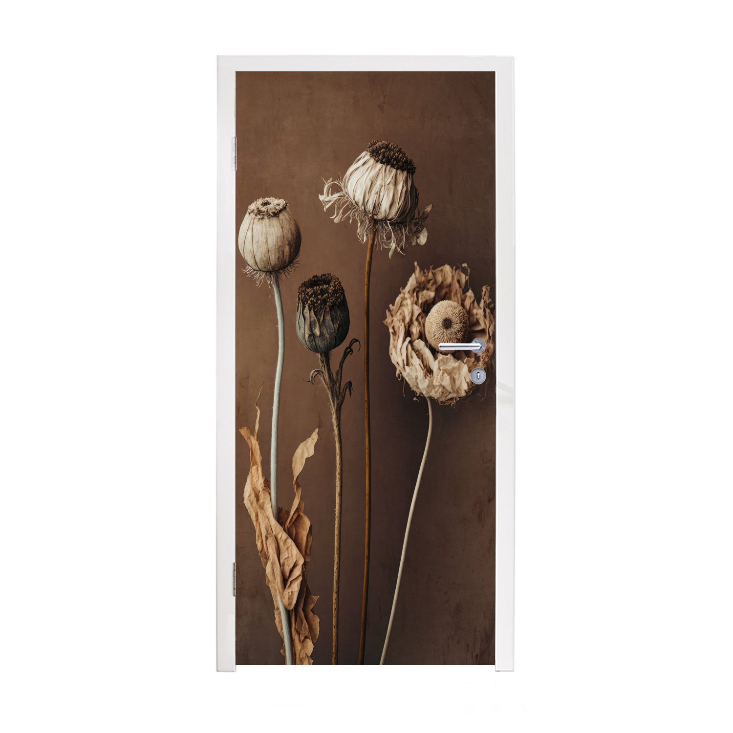 MuchoWow (1 Blumen Braun, Tür, cm Pflanzen - - bedruckt, St), Matt, Fototapete Türtapete für Türaufkleber, 75x205 Trockenblumen -
