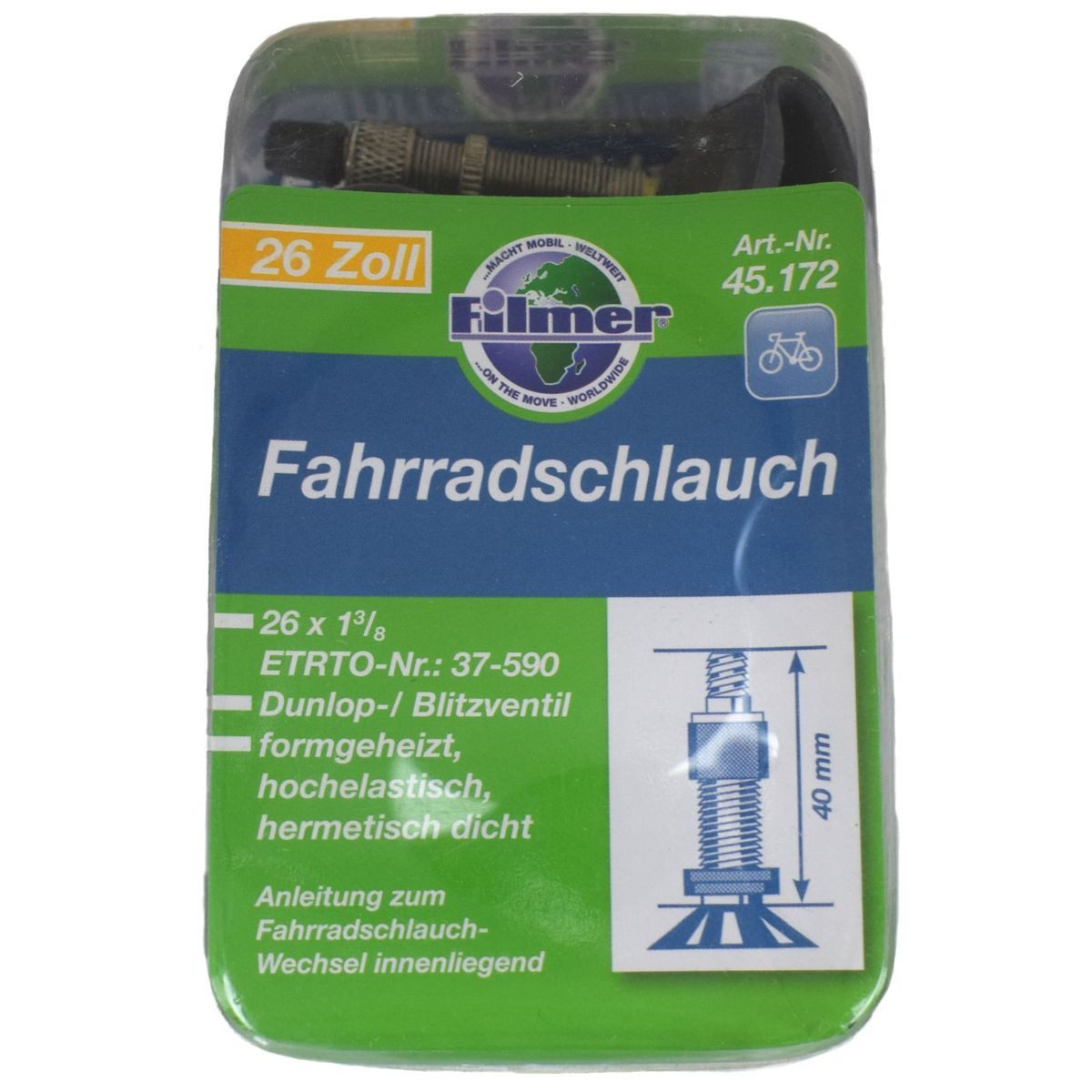 Filmer Fahrradschlauch Fahrradschlauch mit Dunlopventil 26 Zoll, mit Dunlopventil, formgeheizt